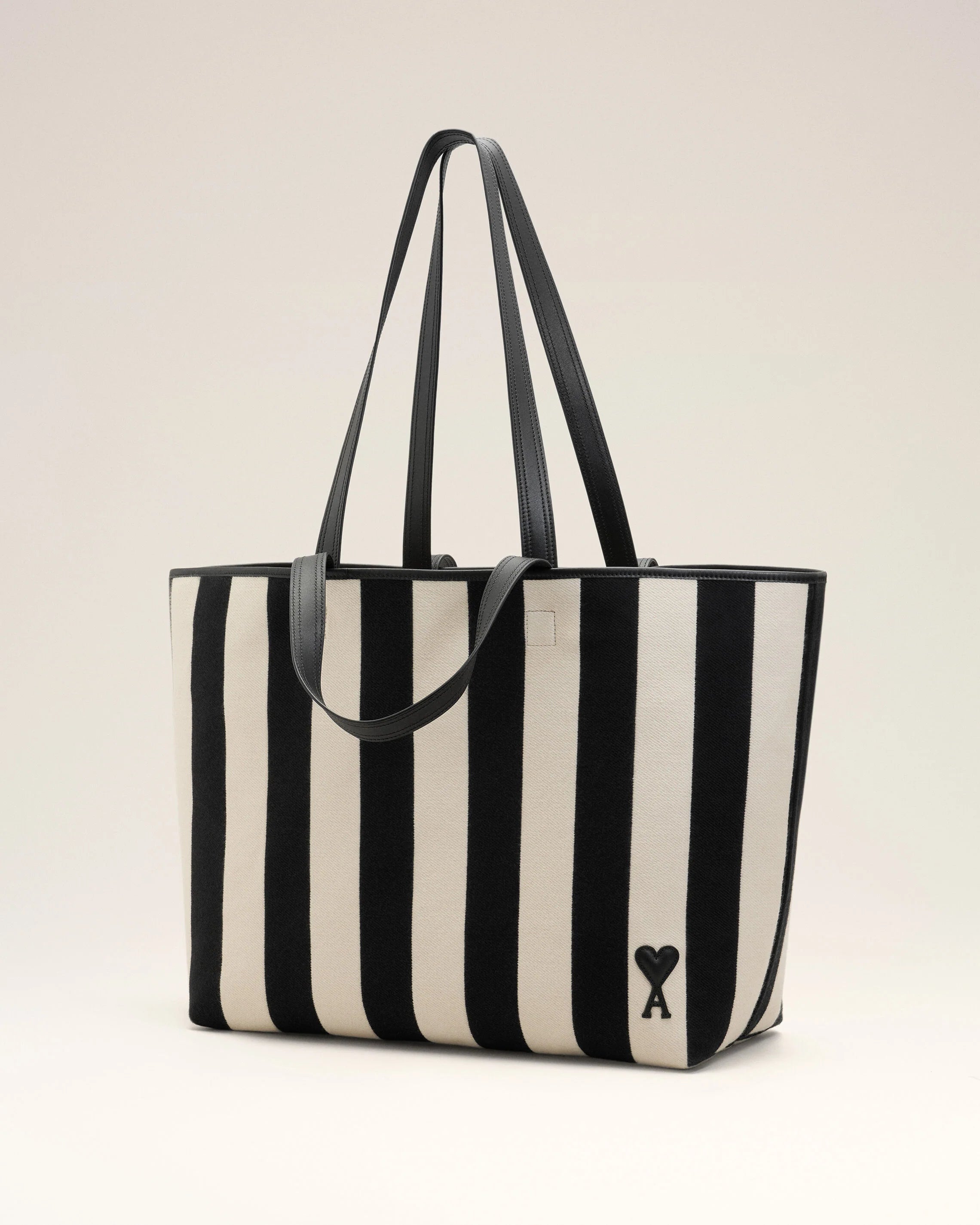 Ami Paris - Cabas Ami de Coeur en toile rayée - Blanc crème/noir-Accessoires-ULL733.AW0026
