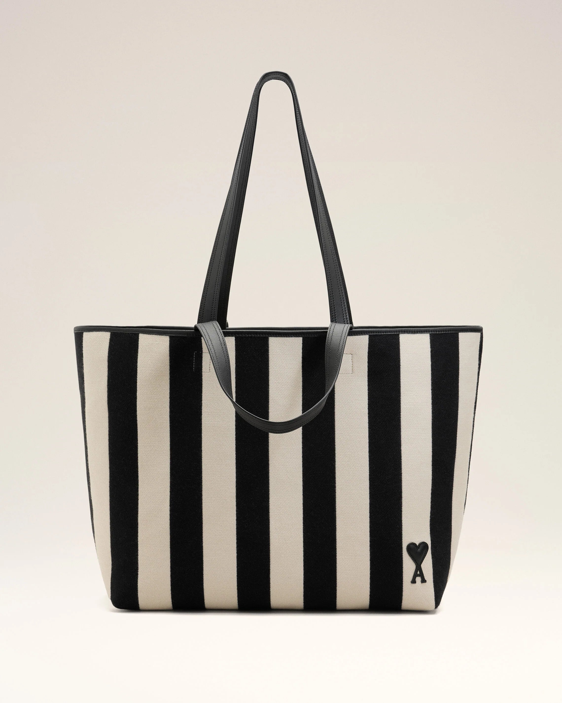 Ami Paris - Cabas Ami de Coeur en toile rayée - Blanc crème/noir-Accessoires-ULL733.AW0026