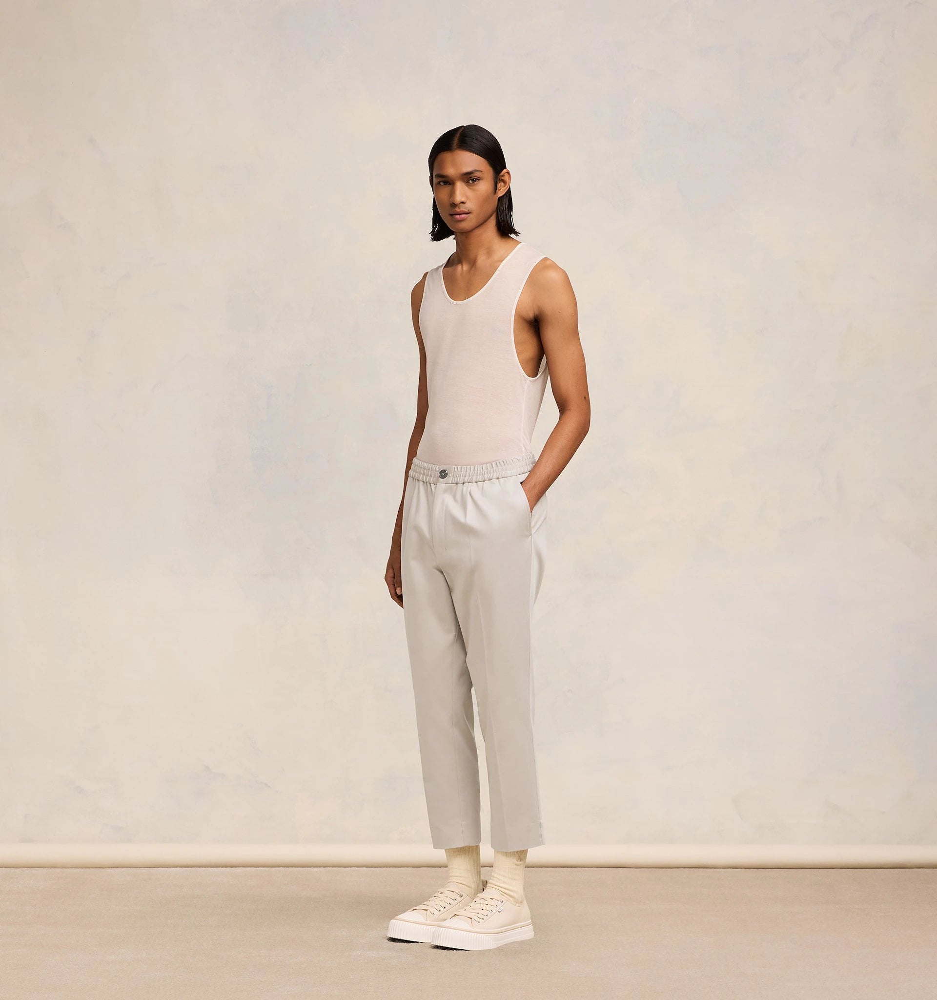 Ami Paris - Pantalon Taille Élastique en satin de coton (SS24) - Beige-Pantalons et Shorts-HTR206.CO0009