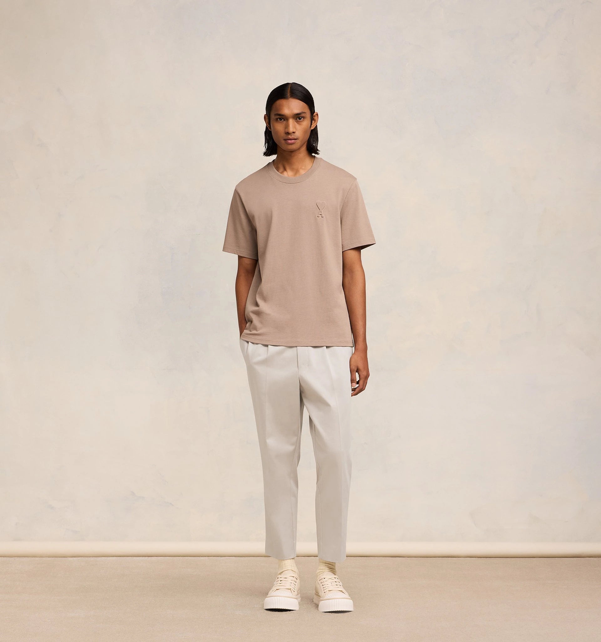 Ami Paris - Pantalon Taille Élastique en satin de coton (SS24) - Beige-Pantalons et Shorts-HTR206.CO0009