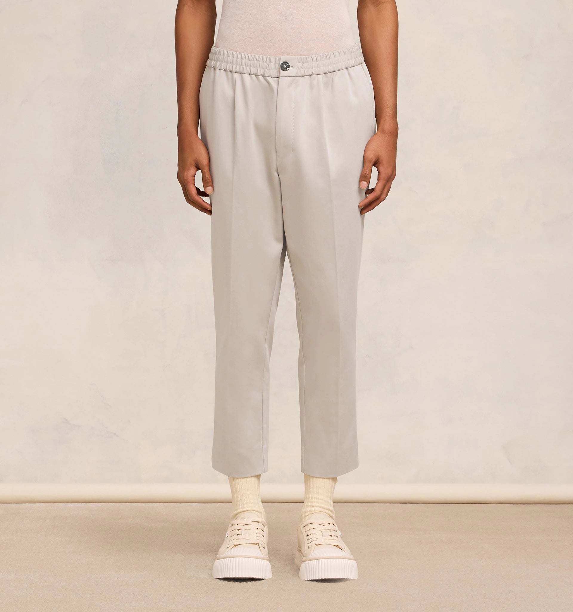 Ami Paris - Pantalon Taille Élastique en satin de coton (SS24) - Beige-Pantalons et Shorts-HTR206.CO0009