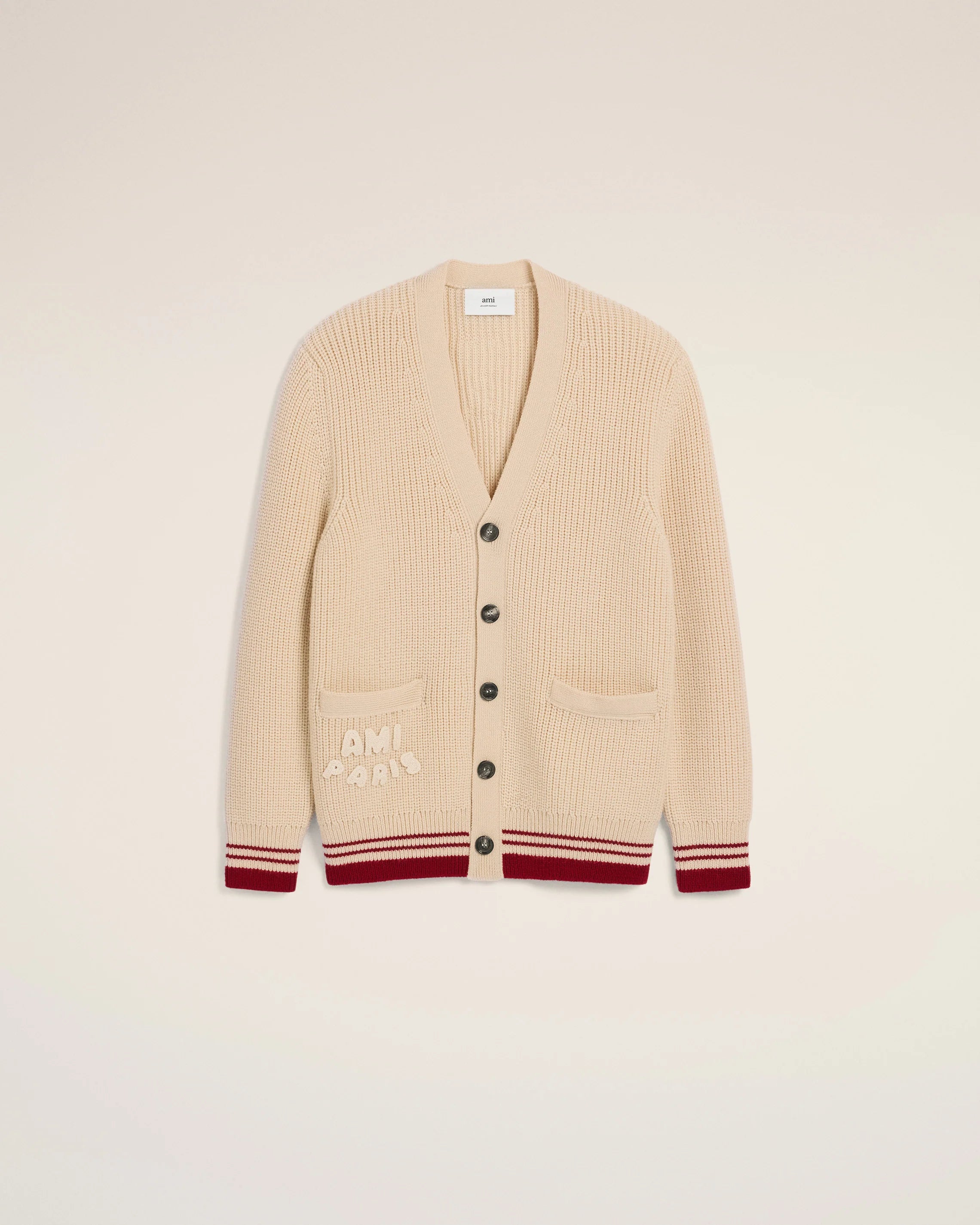 Ami Paris - Cardigan Beige Col V A Côtes En Laine - Blanc Creme - UKC168 - Pulls et Sweats - UKC168.KN0068