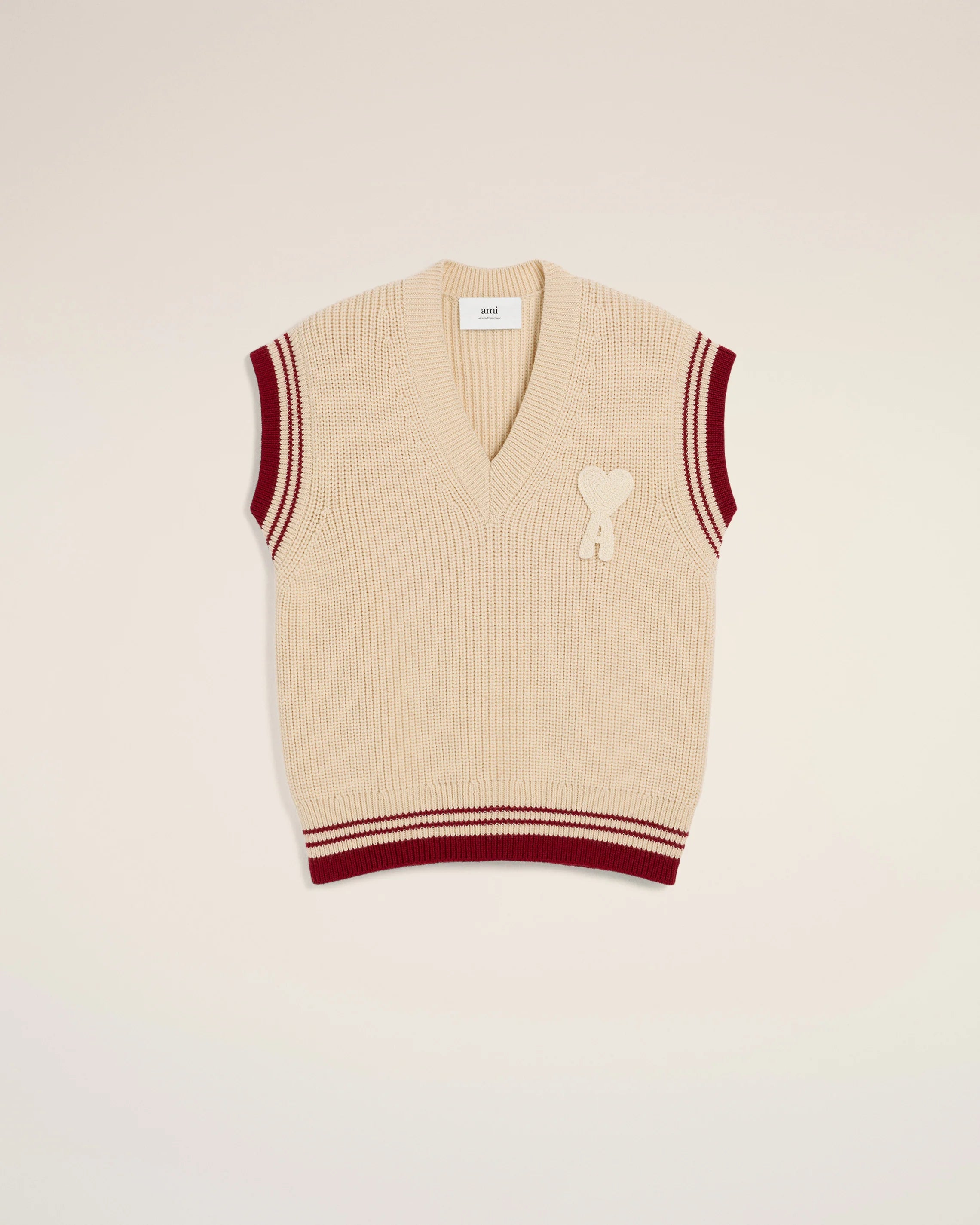 Ami Paris - Gilet Beige Col V A Côtes En Laine - Blanc Creme - UKS768 - Pulls et Sweats - UKS768.KN0068.136