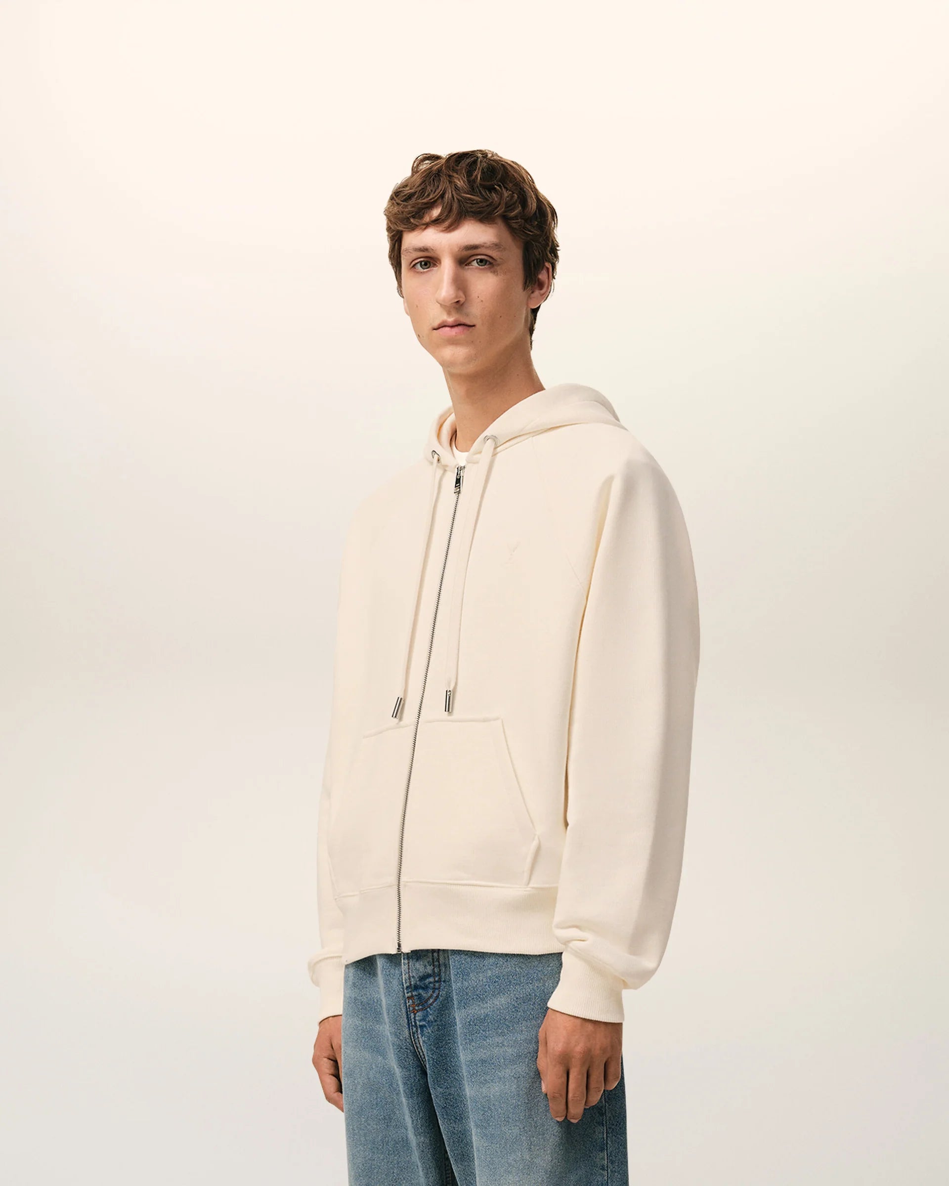 Ami Paris - Hoodie zippé avec logo Ami de Coeur embossé - Blanc crème - Pulls et Sweats - USW759.747