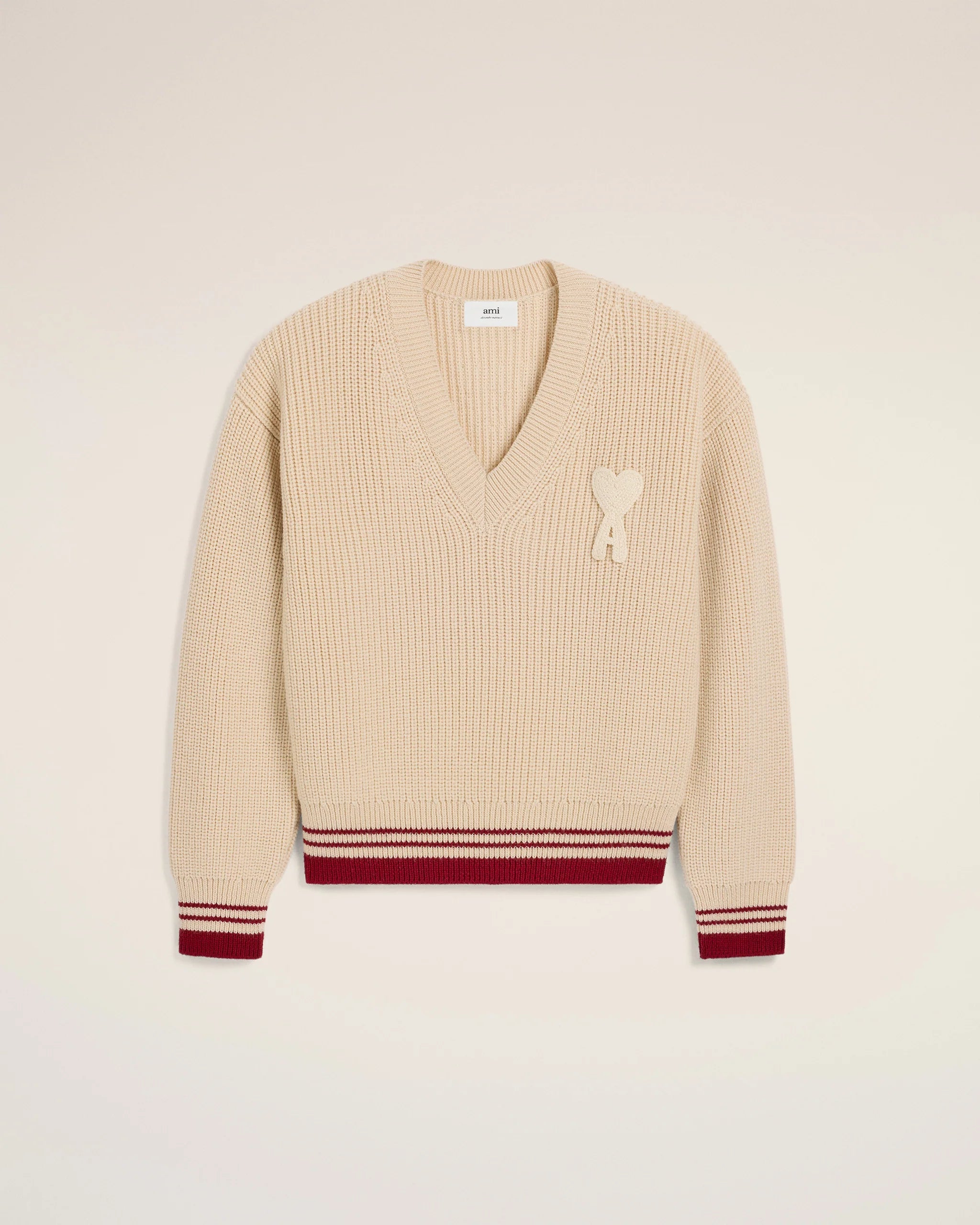 Ami Paris - Pull Beige Col V A Côtes En Laine - Blanc Creme - UKS268 - Pulls et Sweats - UKS268