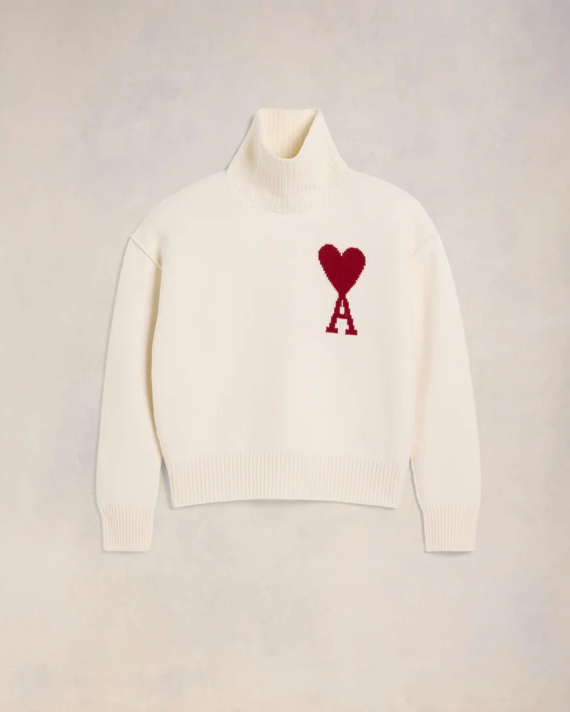 Ami Paris - Pull col cheminée Ami de Cœur - Ecru et Rouge - Pulls et Sweats - BFUKC002.018