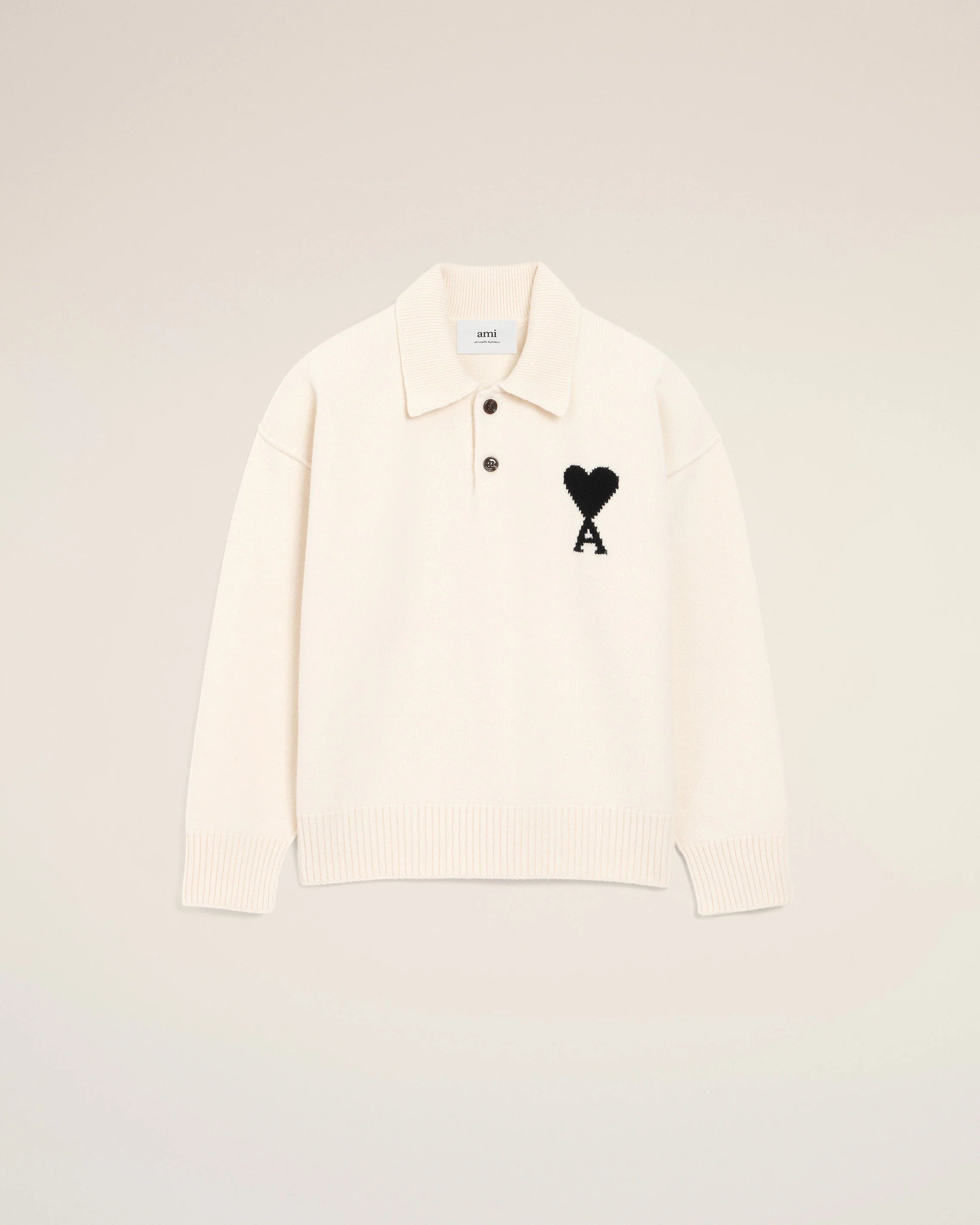 Ami Paris - Pull polo Ami de Coeur en Mérinos - Blanc/ noir - Pulls et Sweats - 