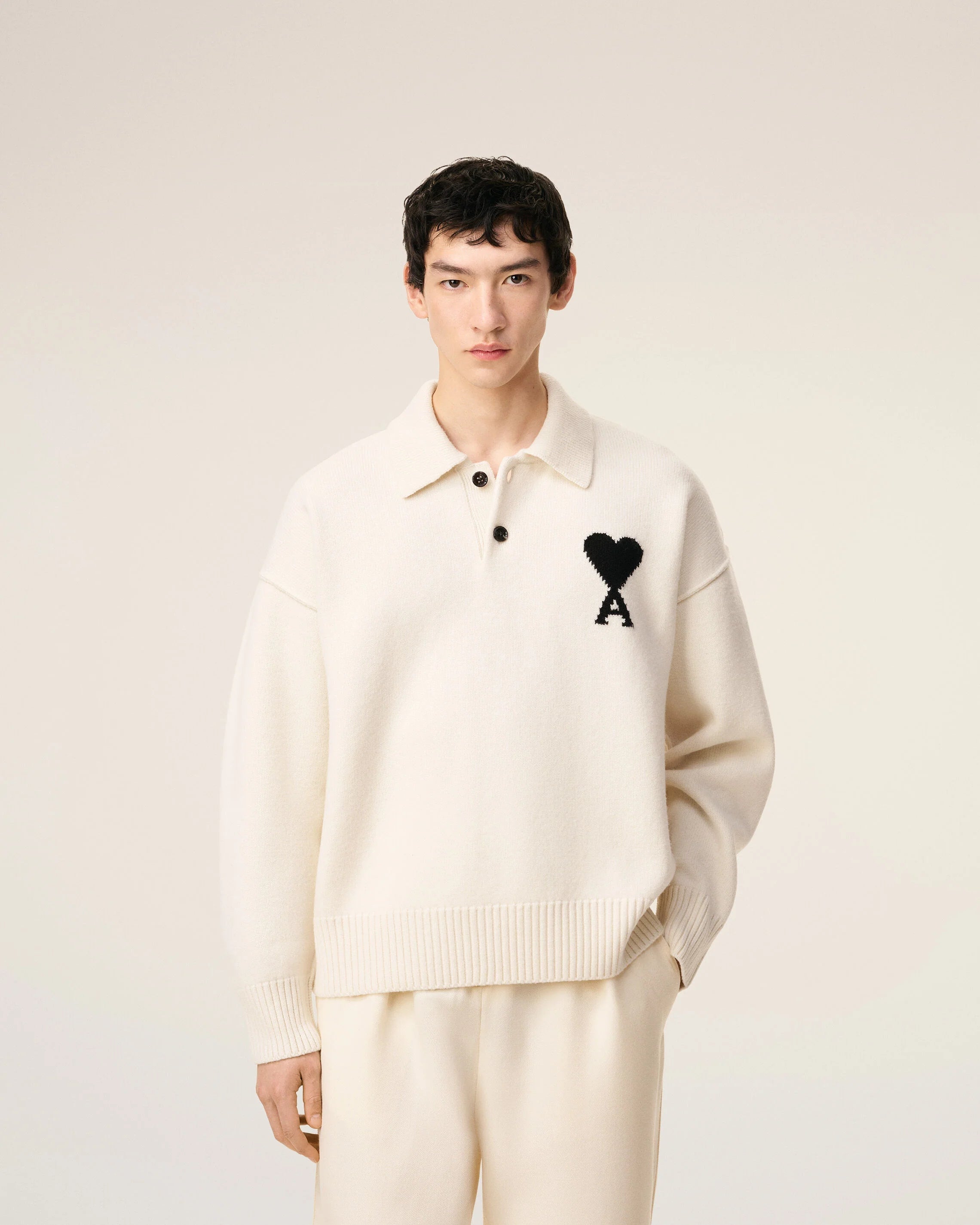 Ami Paris - Pull polo Ami de Coeur en Mérinos - Blanc/ noir - Pulls et Sweats - 