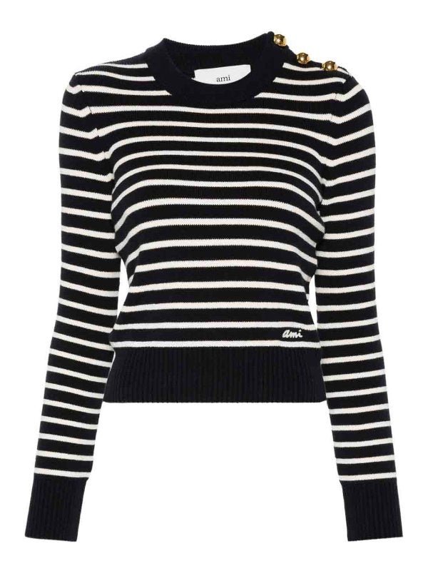 Ami Paris - Top en Maille à Rayures - Bleu Marine/Blanc - Pulls et Sweats - FKS039