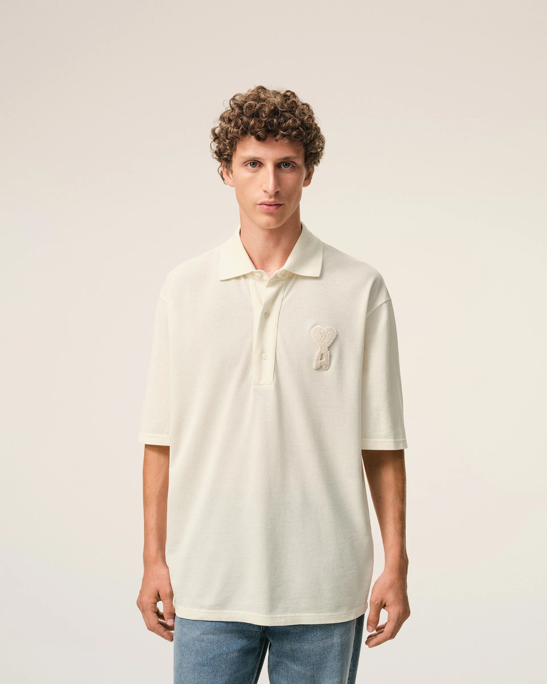 Ami Paris - Polo Boxy Logo Patch Crochet Ami de coeur - Blanc Crème - T-shirts - UPL428.JE0221