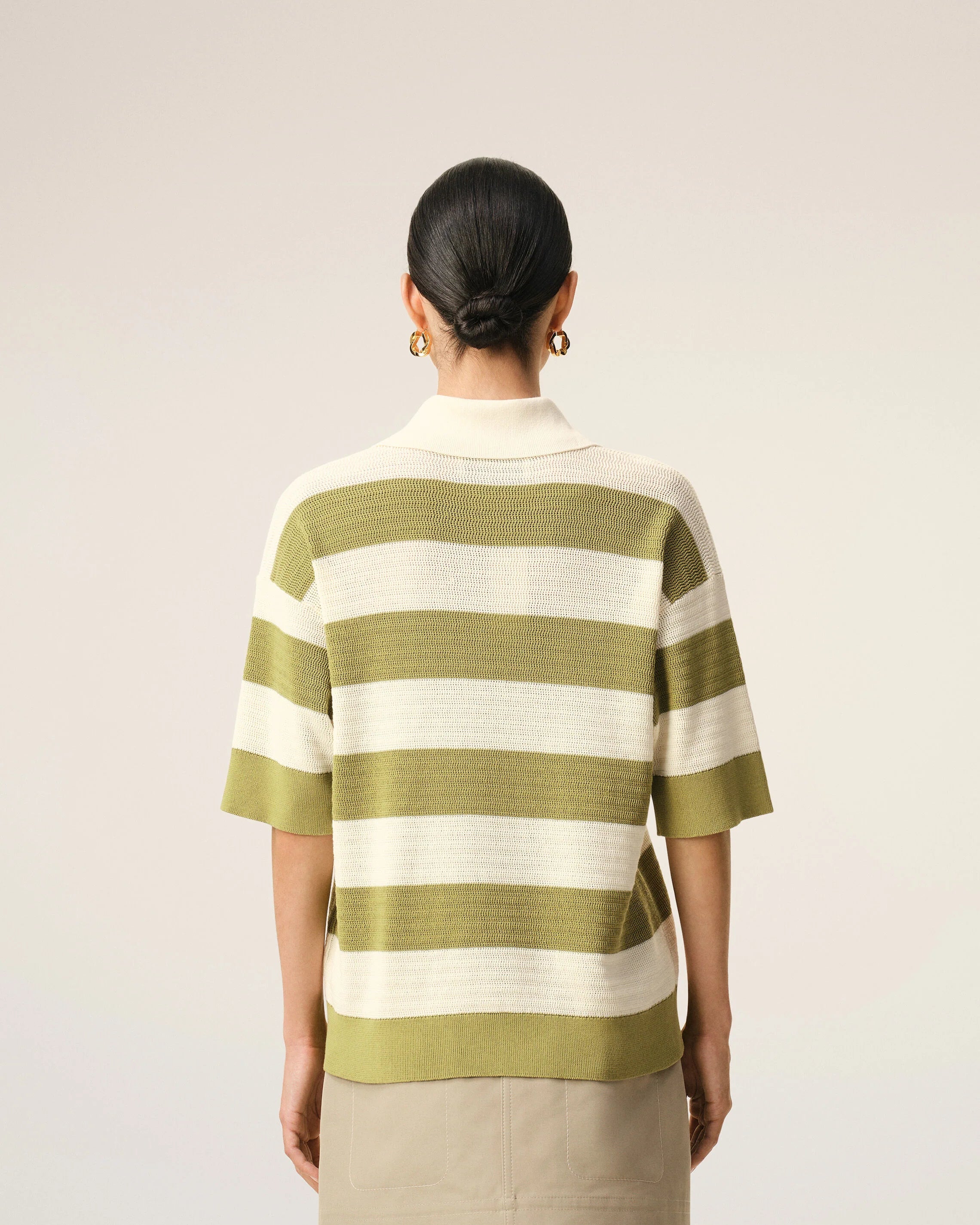 Ami Paris - Polo manches courtes en maille Patch Ami de Coeur - Blanc Crème/Matcha rayé-T-shirts-HPL432.KN0153