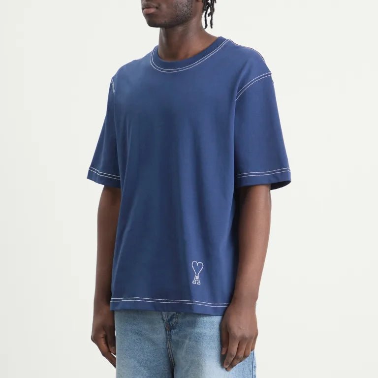 Ami Paris - T-shirt Boxy Ami de Coeur en Surpiqûres - Encre-T-shirts-HTS394.726