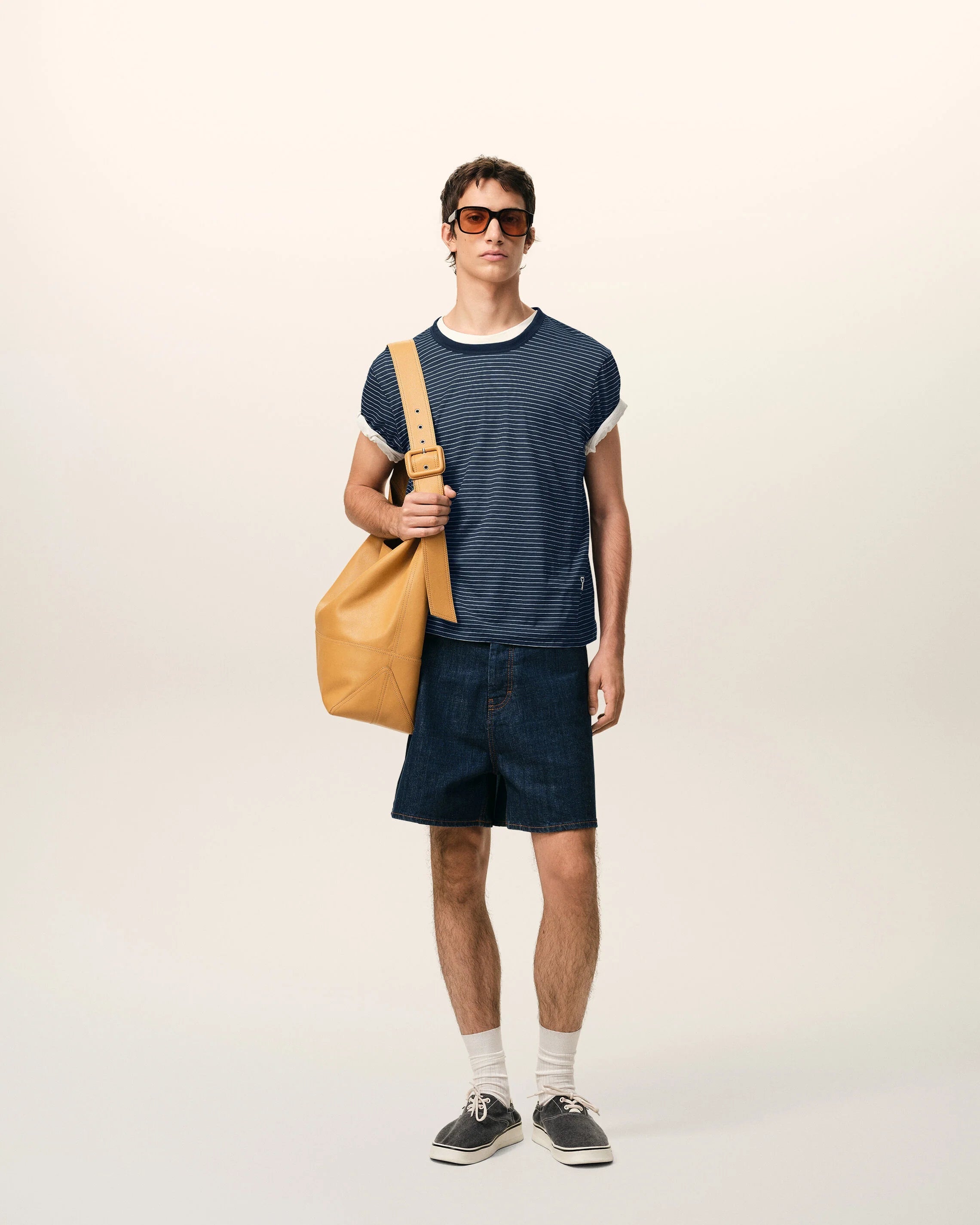 Ami Paris - T-shirt rayé en coton perlé - Bleu encre/blanc-T-shirts-HTS367.JE0212