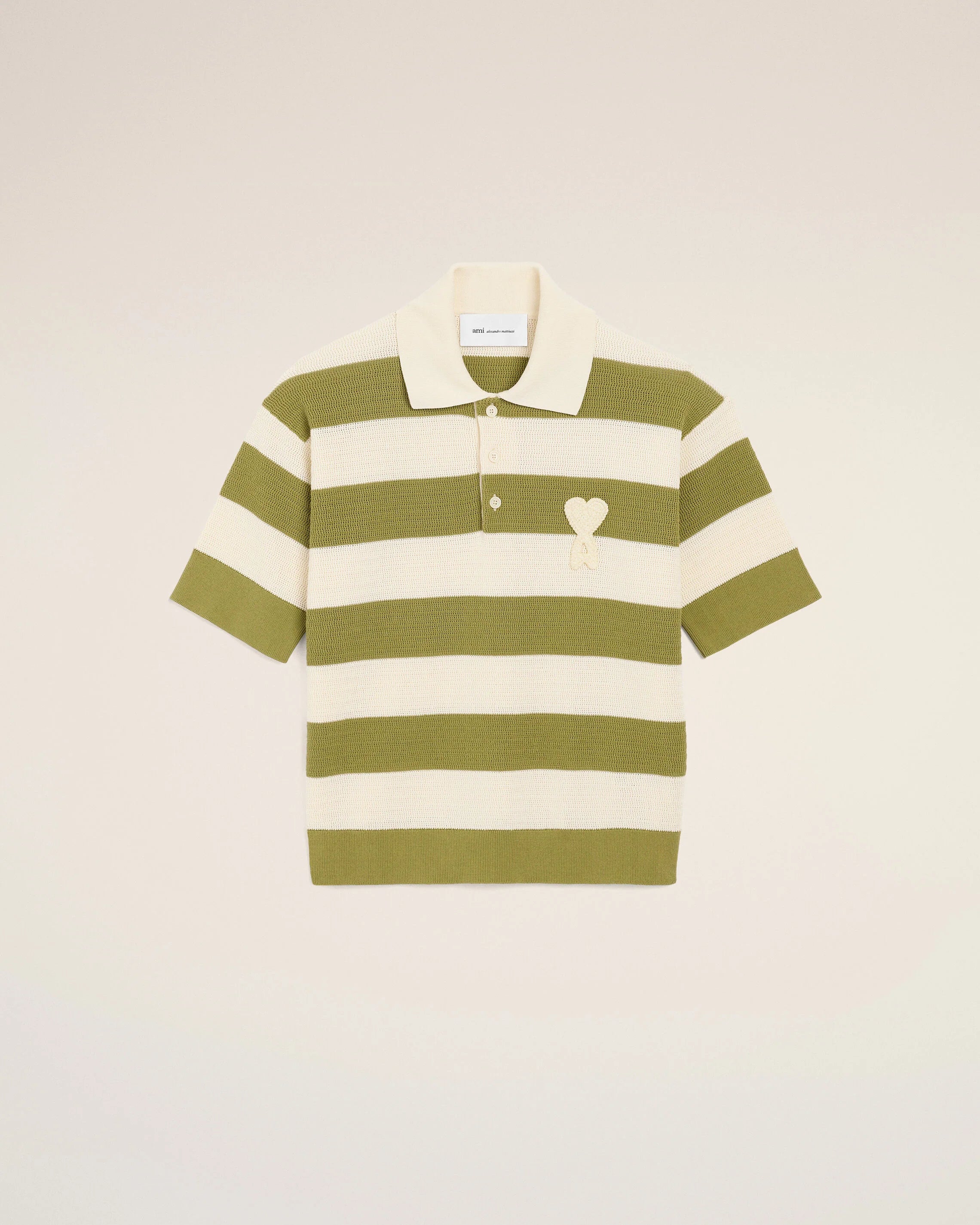 Ami Paris - Polo manches courtes en maille Patch Ami de Coeur - Blanc Crème/Matcha rayé