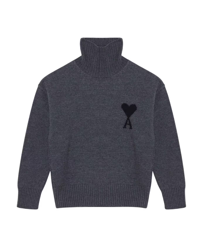 Ami Paris - Pull col cheminée Ami de Cœur - Gris chiné/noir (Copie)