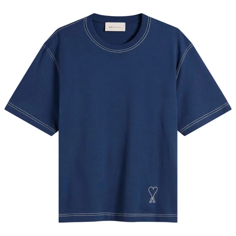 Ami Paris - T-shirt Boxy Ami de Coeur en Surpiqûres - Encre