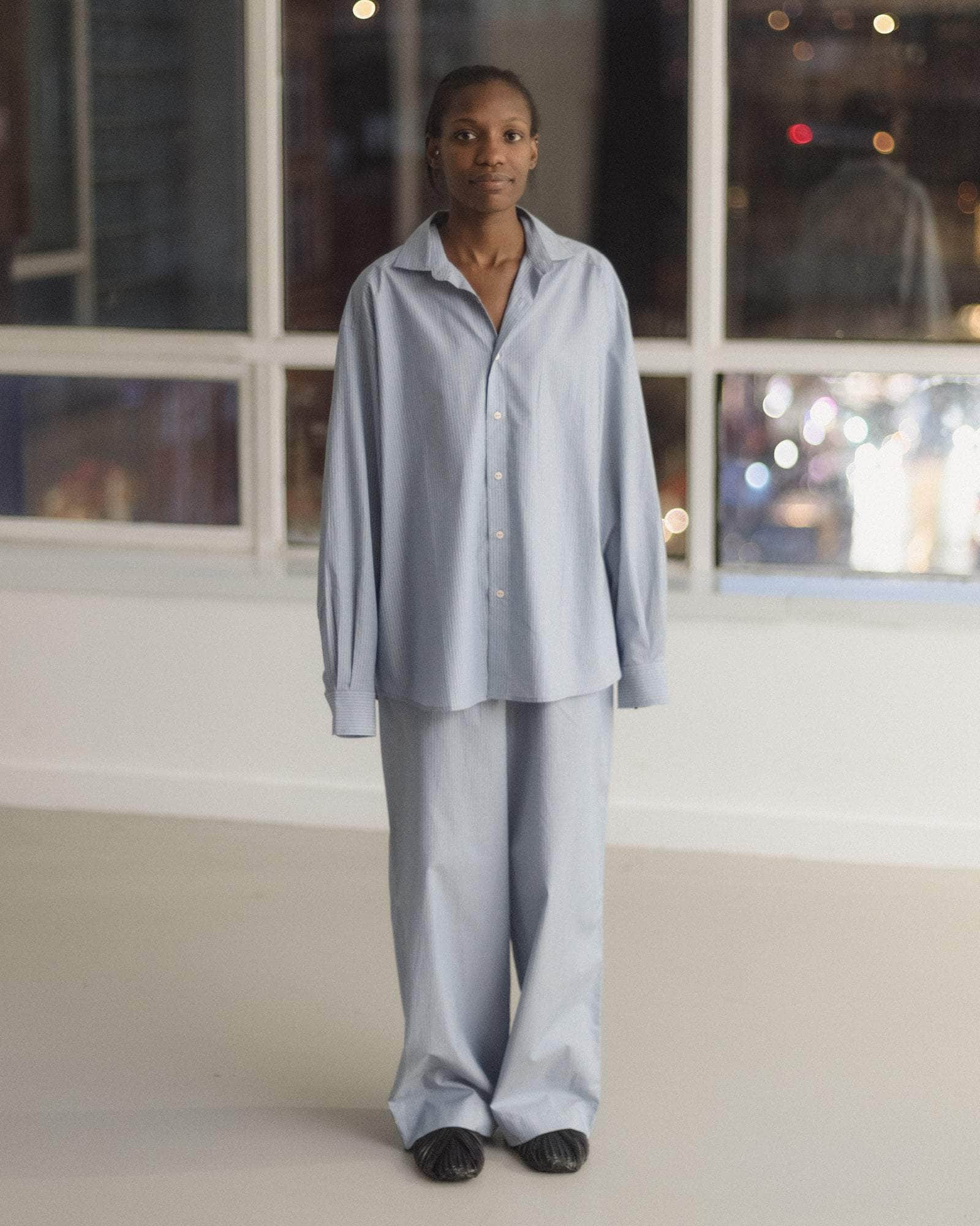 Baserange - Pantalon Claude bleu rayé - Popeline de coton biologique - Jupes et Pantalons - PACL-PO-000