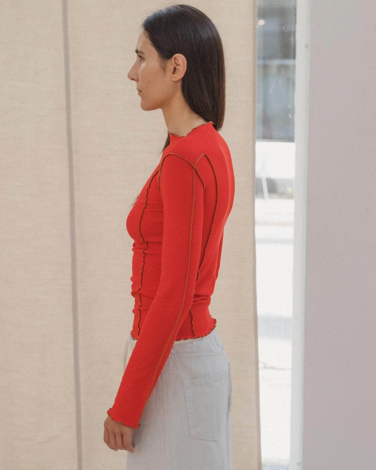 Baserange - Omato Long Sleeve Tee - Gaze De Coton Biologique - Red - Tops - 