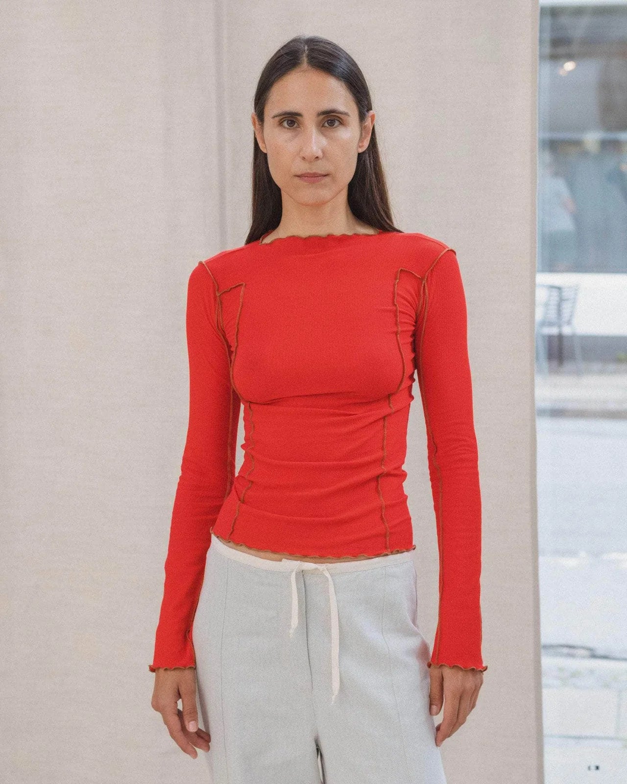 Baserange - Omato Long Sleeve Tee - Gaze De Coton Biologique - Red - Tops - 