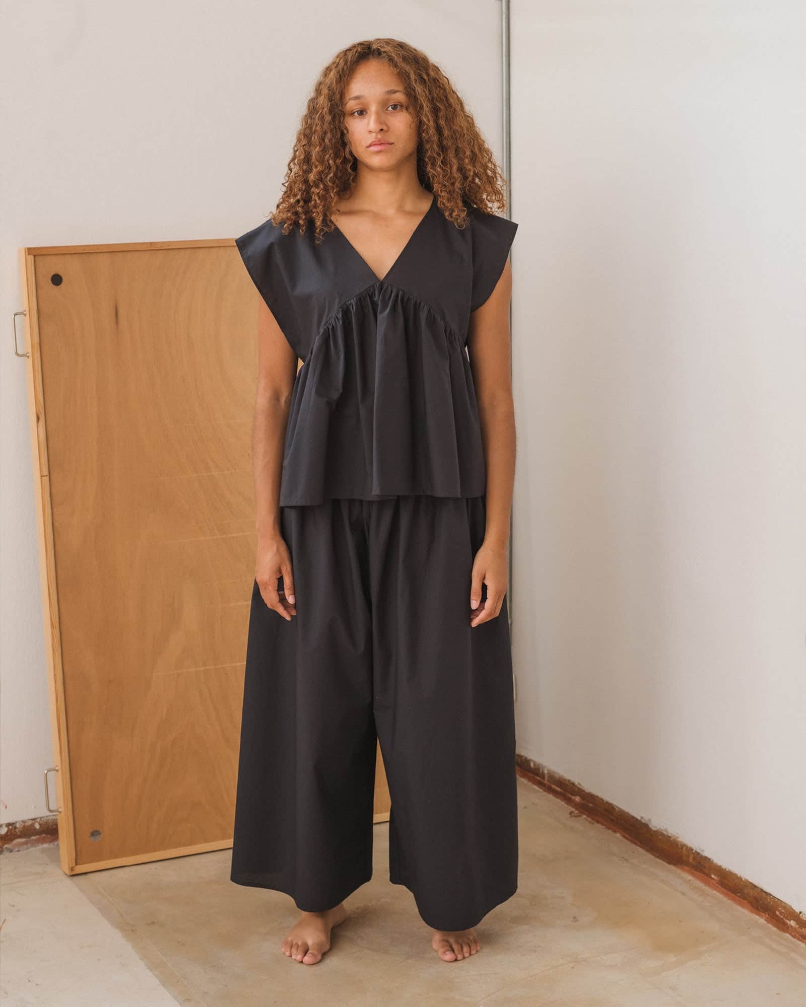 Baserange - Pantalon Cable noir - Popeline de coton biologique