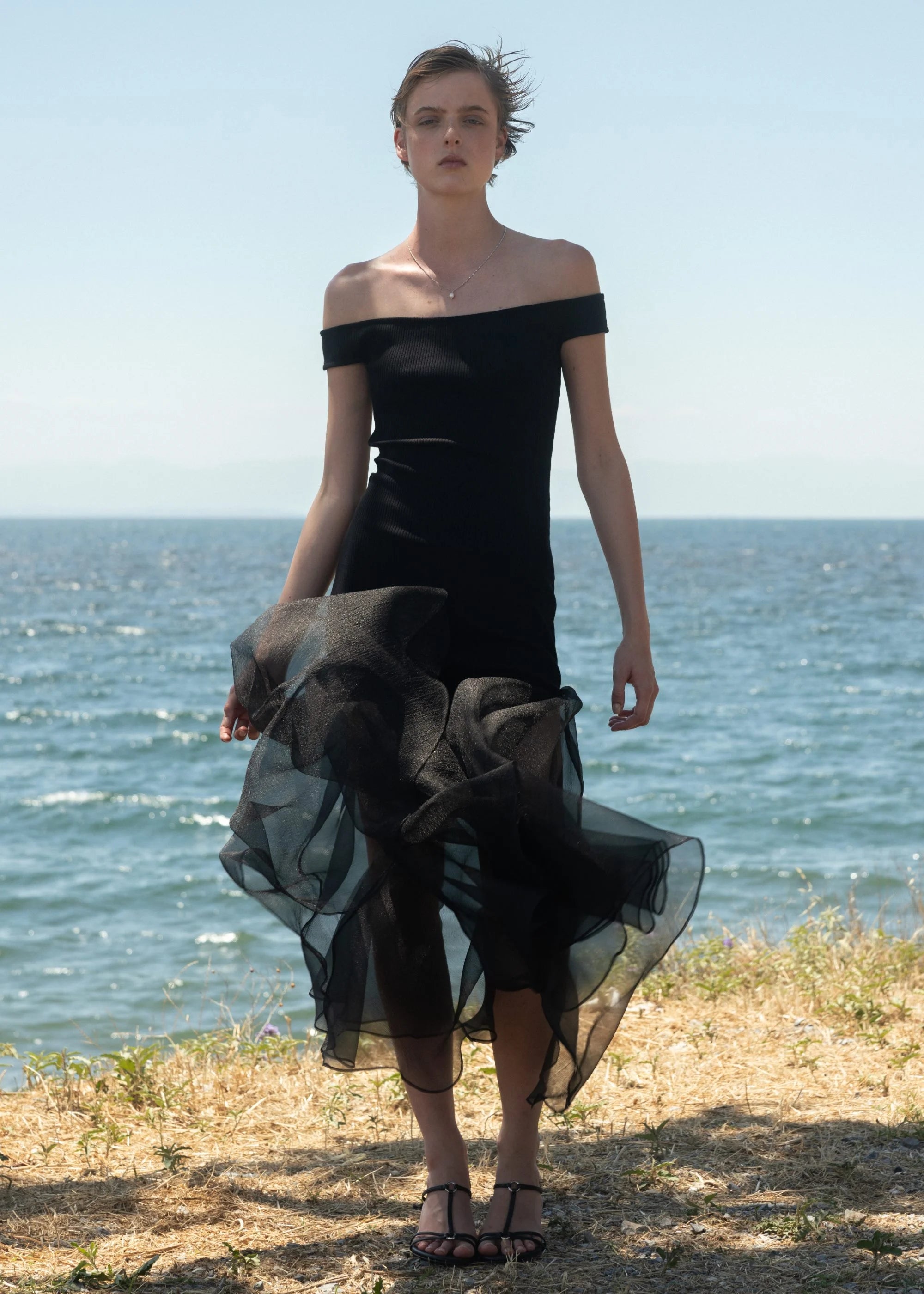 Esthé - Off Shoulder Rib and Organza Dress - Black - Robes - 152 - 3093a