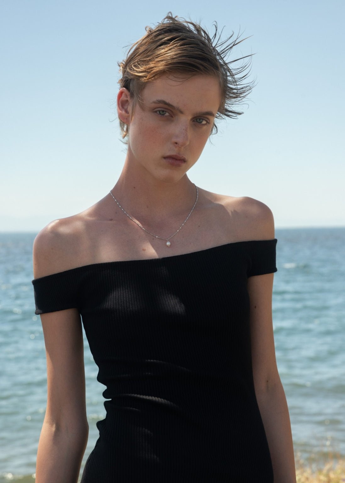 Esthé - Off Shoulder Rib and Organza Dress - Black - Robes - 152 - 3093a