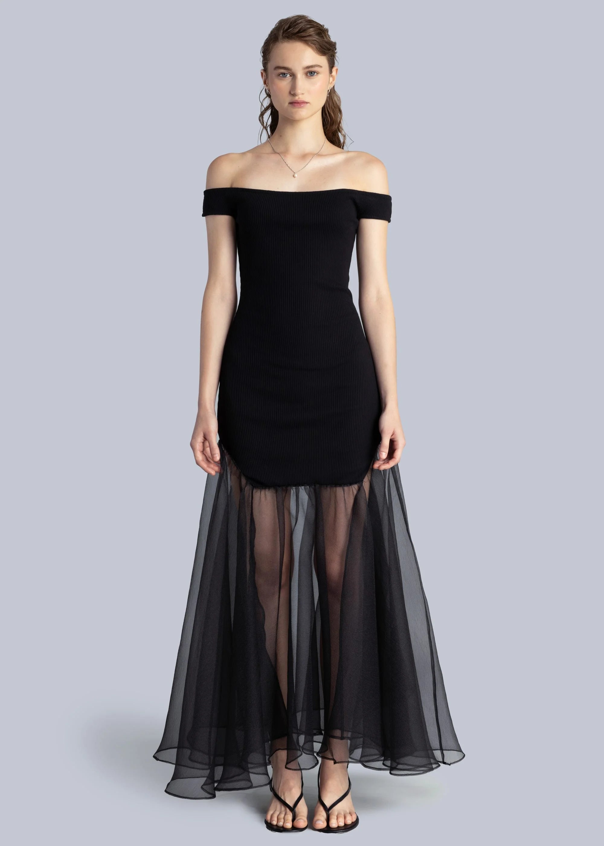 Esthé - Off Shoulder Rib and Organza Dress - Black - Robes - 152 - 3093a