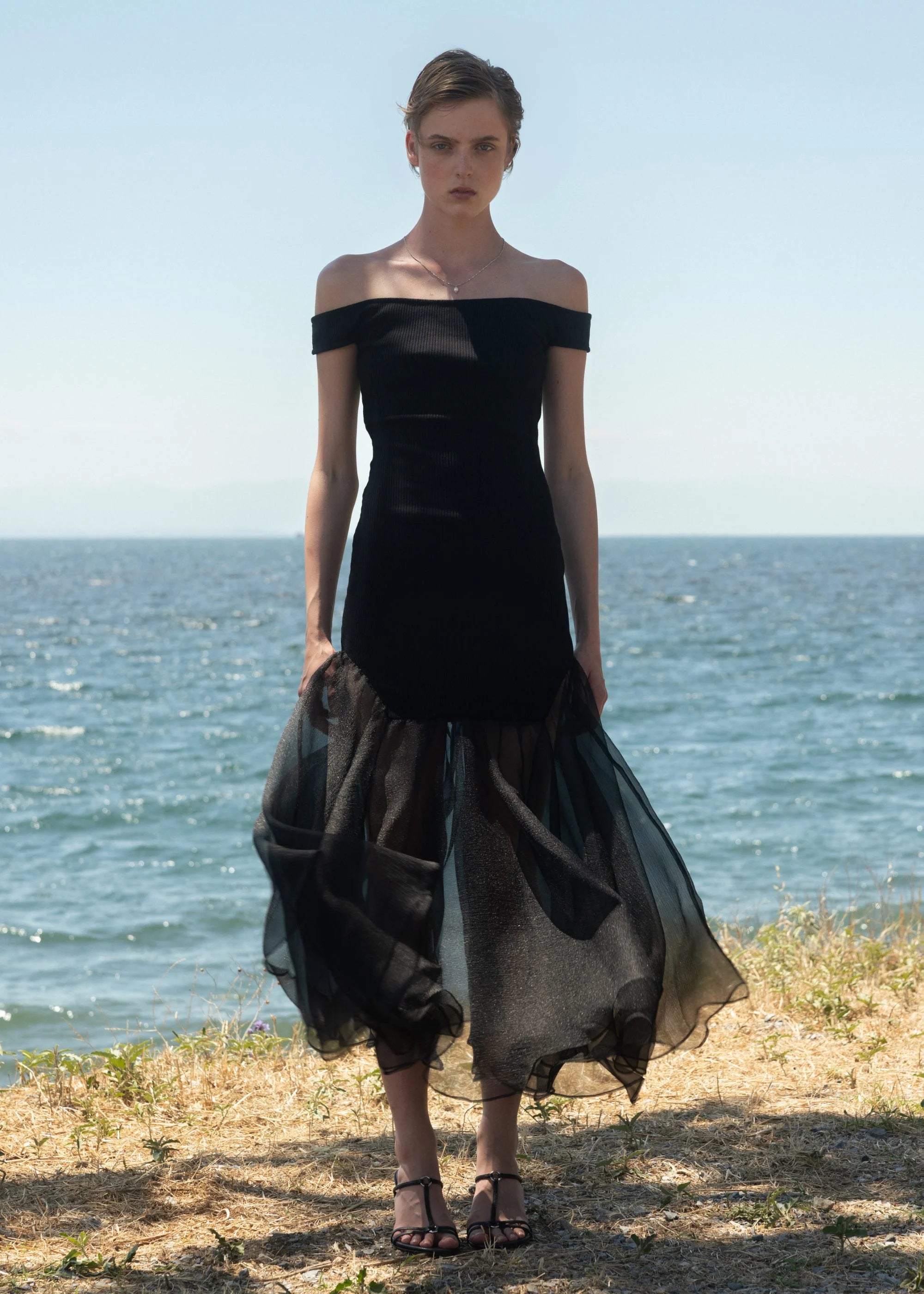 Esthé - Off Shoulder Rib and Organza Dress - Black - Robes - 152 - 3093a