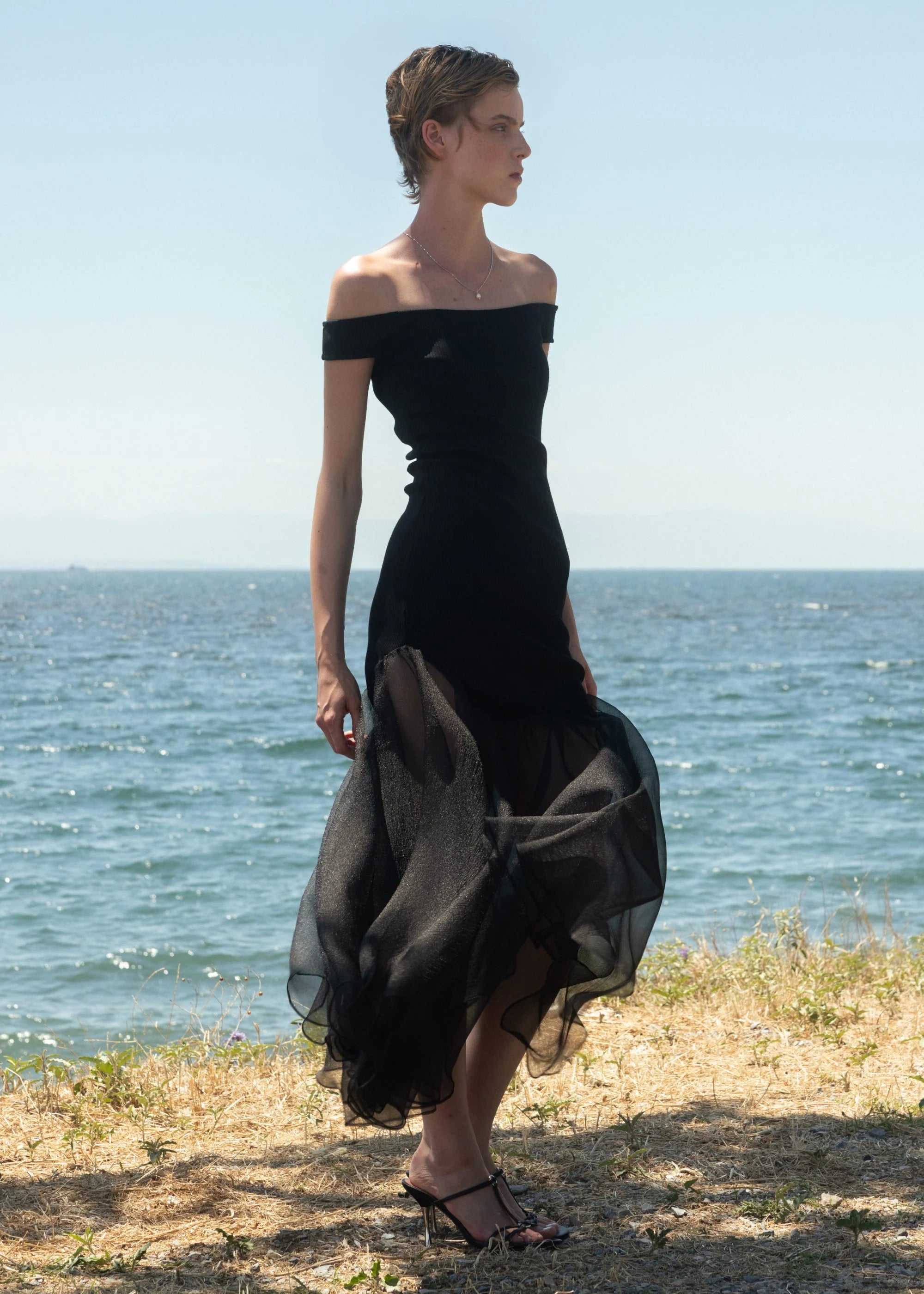 Esthé - Off Shoulder Rib and Organza Dress - Black - Robes - 152 - 3093a