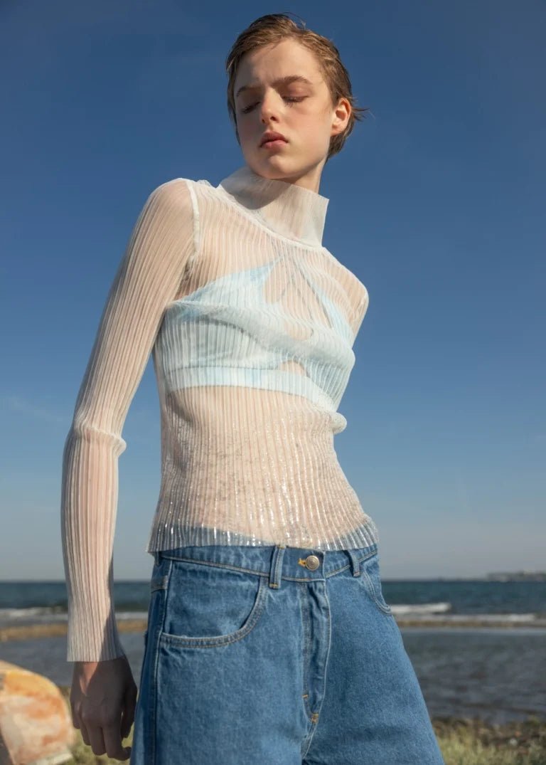 Esthé - High Neck Mesh Pleated Top - White - Tops - 152 - 3023b