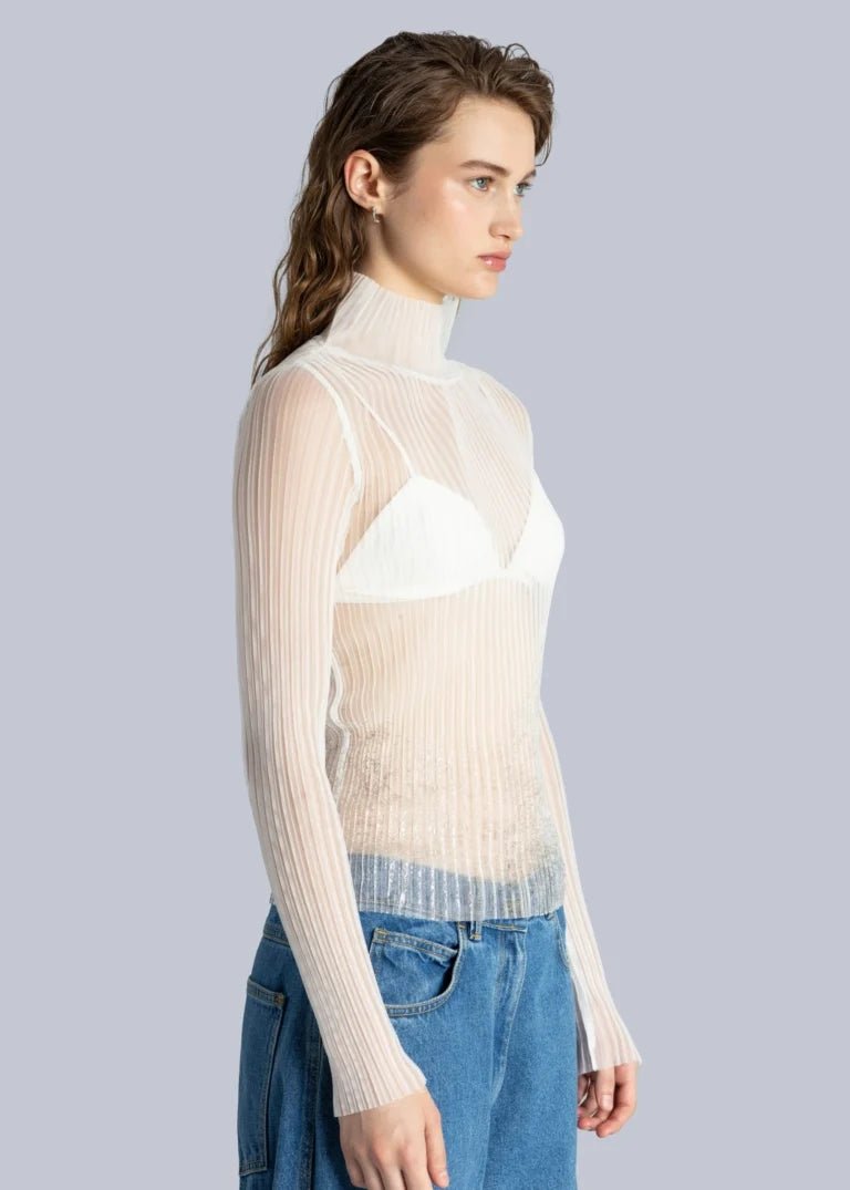 Esthé - High Neck Mesh Pleated Top - White - Tops - 152 - 3023b