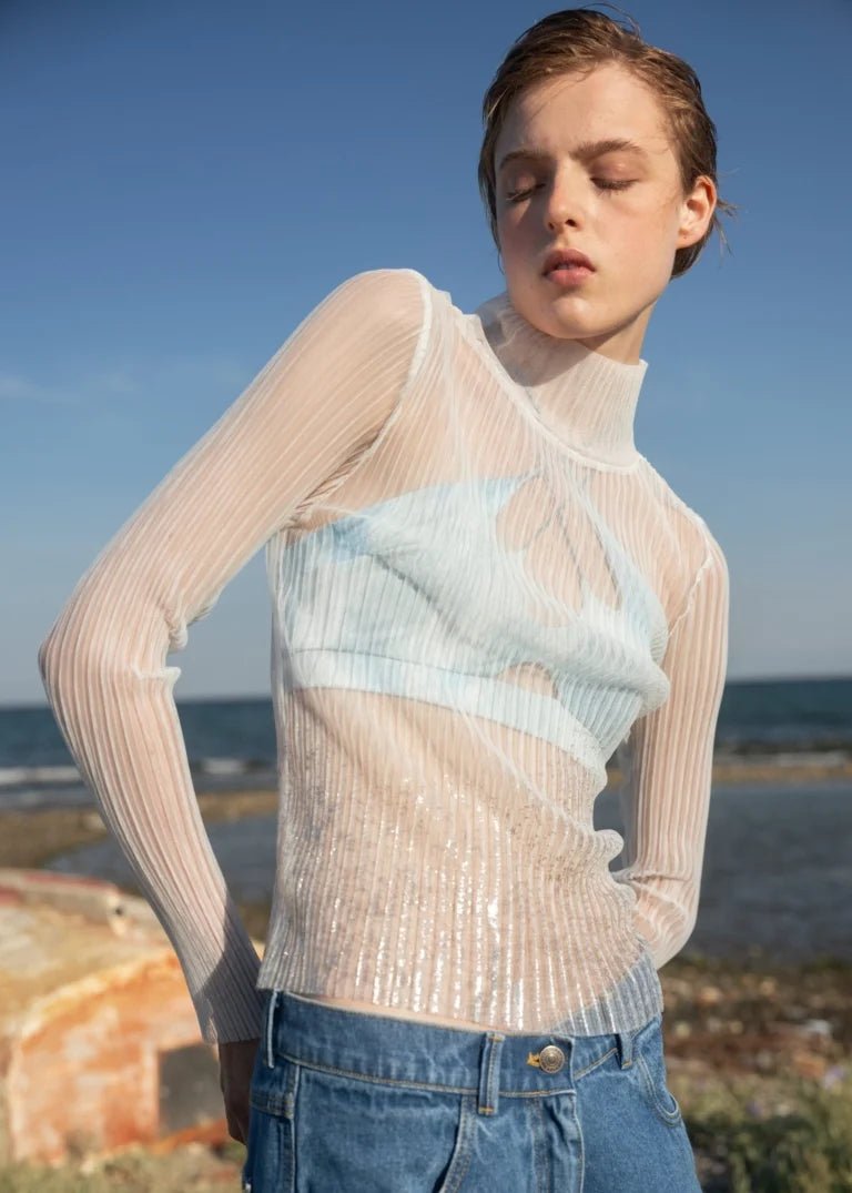 Esthé - High Neck Mesh Pleated Top - White - Tops - 152 - 3023b