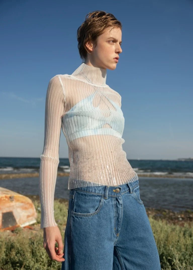 Esthé - High Neck Mesh Pleated Top - White - Tops - 152 - 3023b