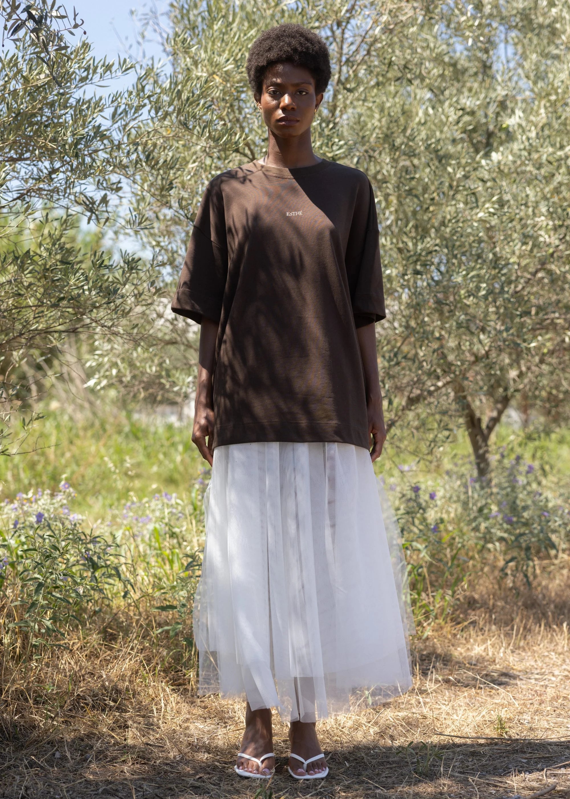 Esthé - Logo Print Cotton T-Shirt - Brown - Tops - 142 - 3079e