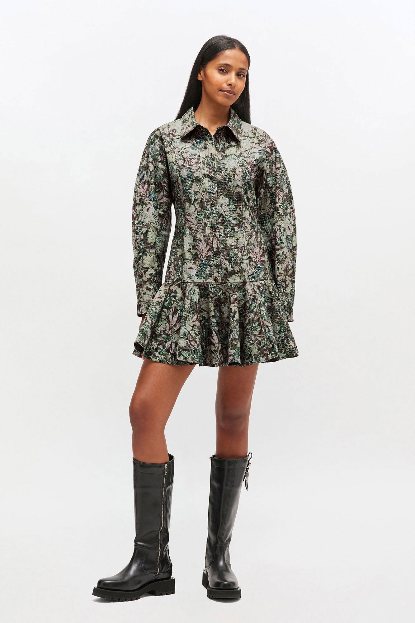 Ganni – Printed Stretch Cotton Buttoned Mini Dress – Jadeite - Robes - GANNI-W1096-21K-36