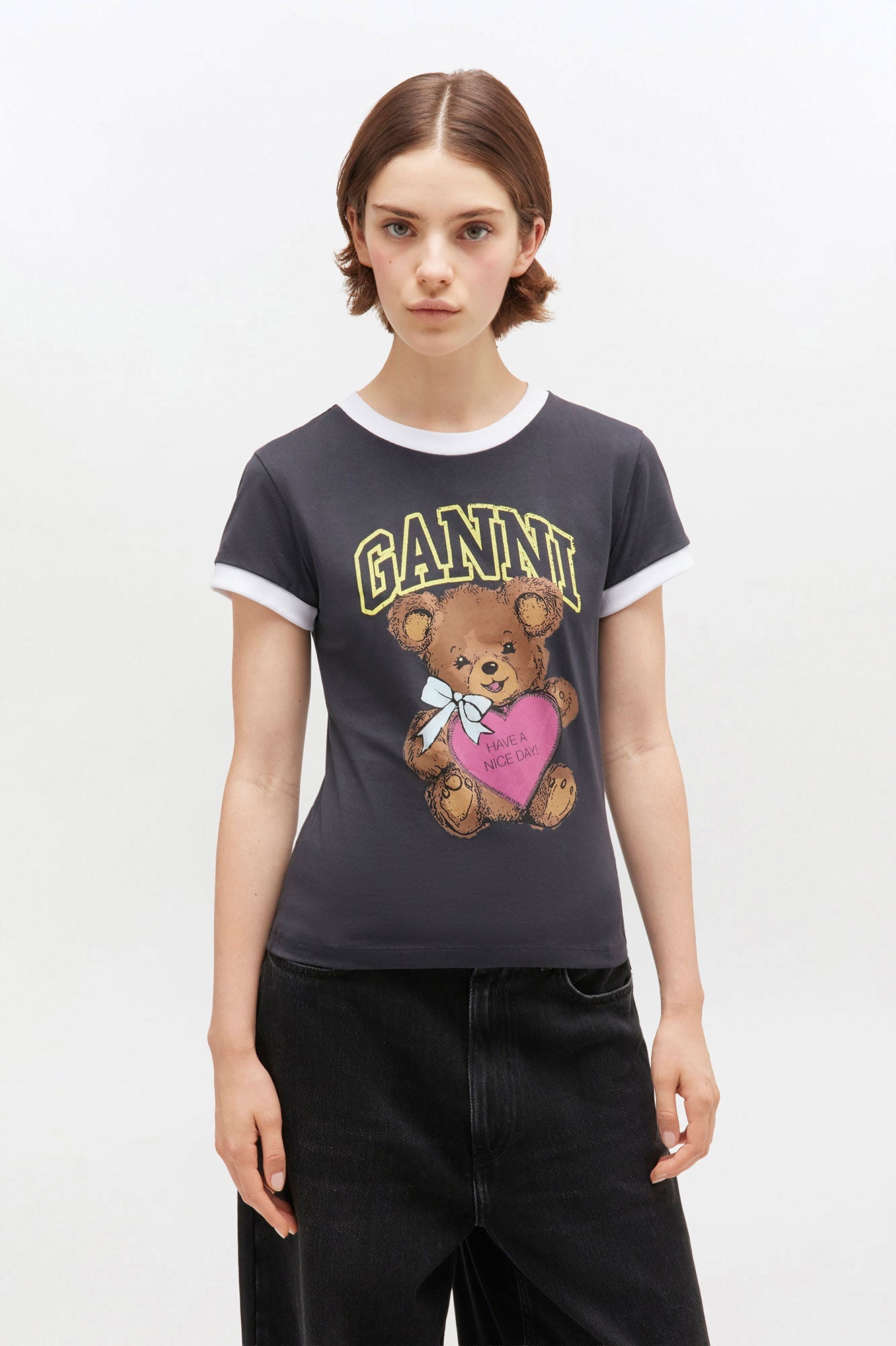 Ganni – Basic Cotton Jersey Bear Fitted T-shirt – Phantom - Tops - GANNI-T4335-252-S