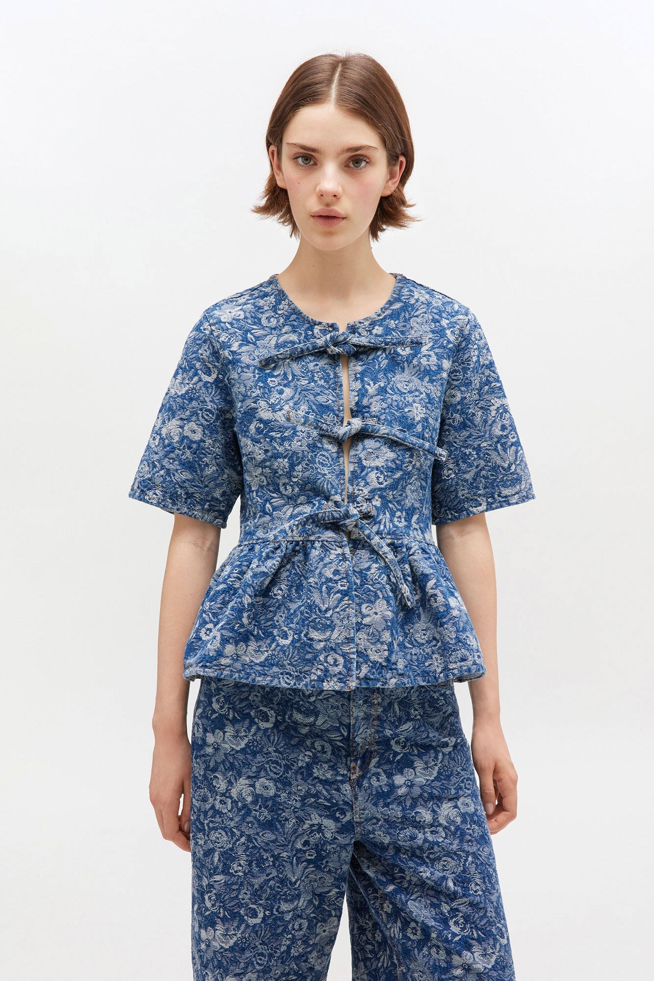 Ganni – Tapestry Denim Peplum Blouse – Mid Blue Stone - Tops - GANNI-J1909-566-36