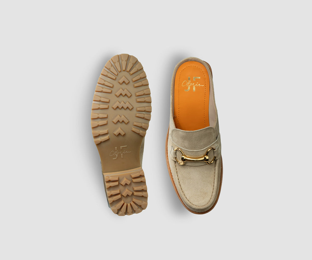 JF Clarin Mule Deauville velours sable – vue de dessus et semelle