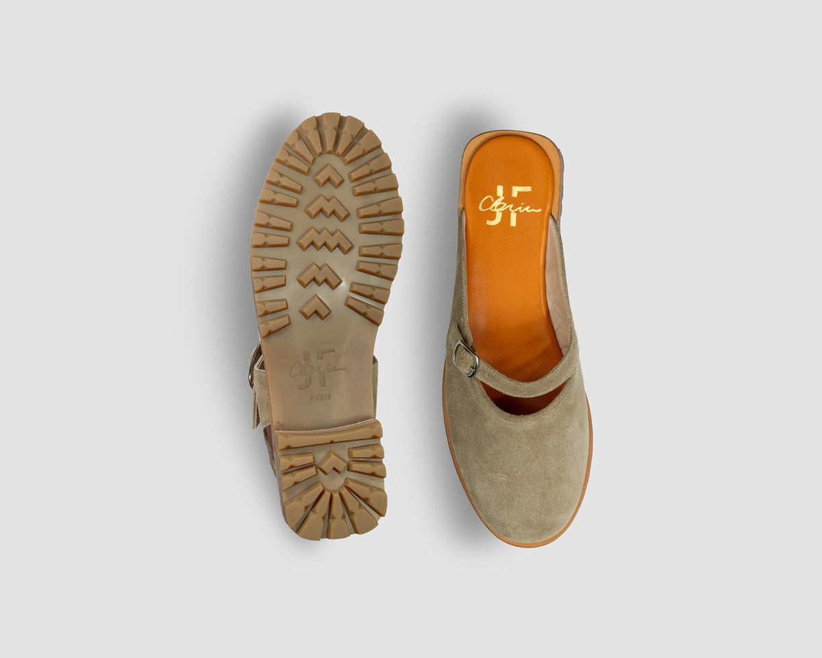 JF Clarin Mule Touquet velours sable – vue de dessus et semelle