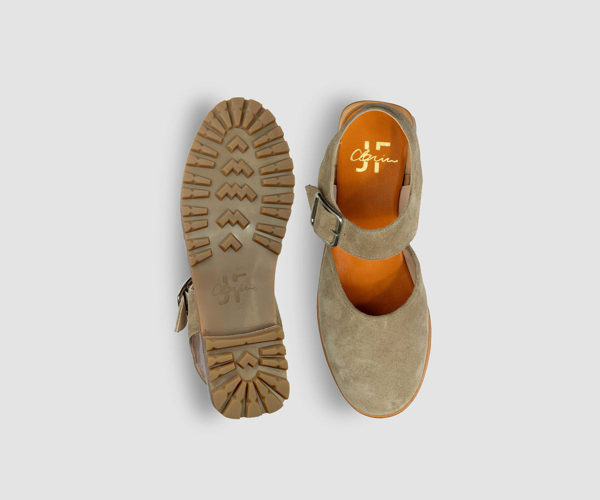 JF Clarin Sandale Biarritz velours sable – vue de dessus et semelle