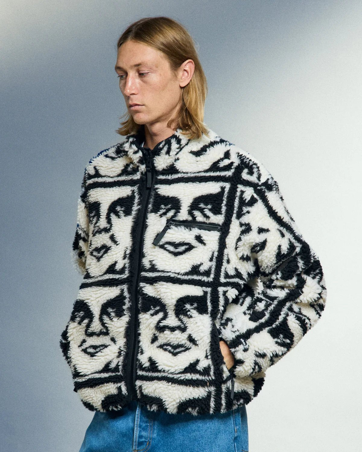 Obey – Obey repeated icon sherpa jacket – Black multi - Vestes et Manteaux - 121800608BKMS