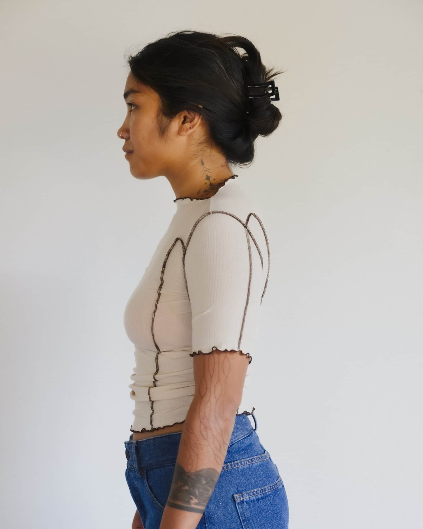 Baserange - T-shirt Omato 3/4 beige - Coton biologique fin côtelé