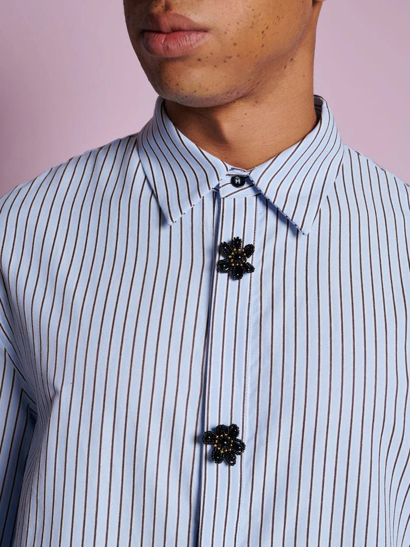 Sister Jane - Dew Flower Trim Shirt - Oxford Blue - Tops - BLM148BLE