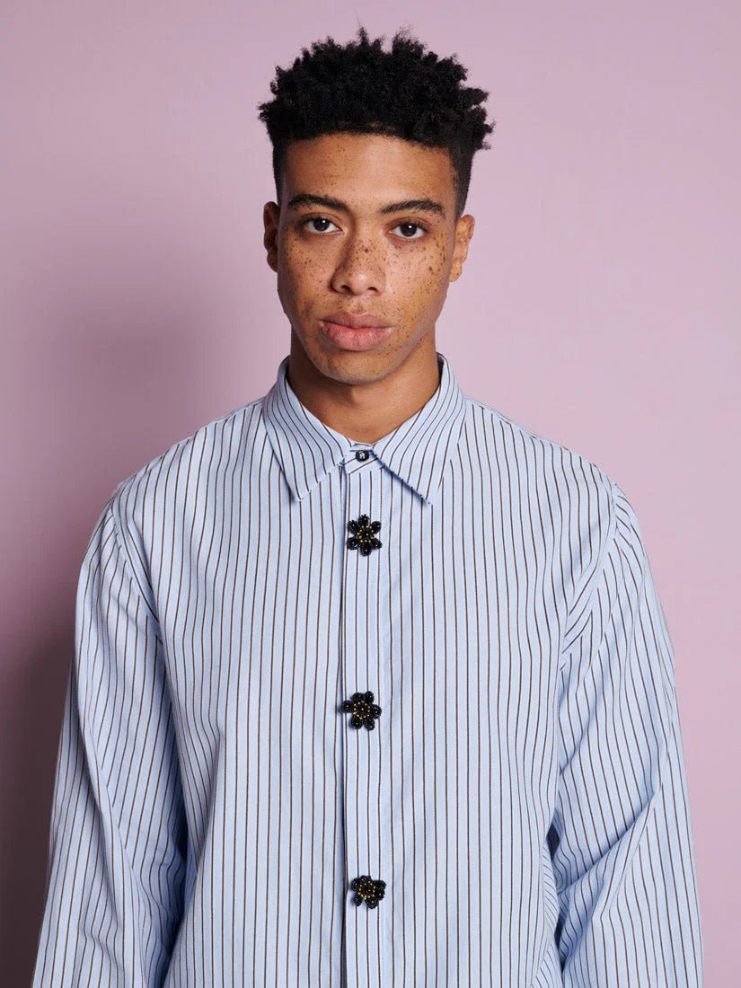 Sister Jane - Dew Flower Trim Shirt - Oxford Blue - Tops - BLM148BLE