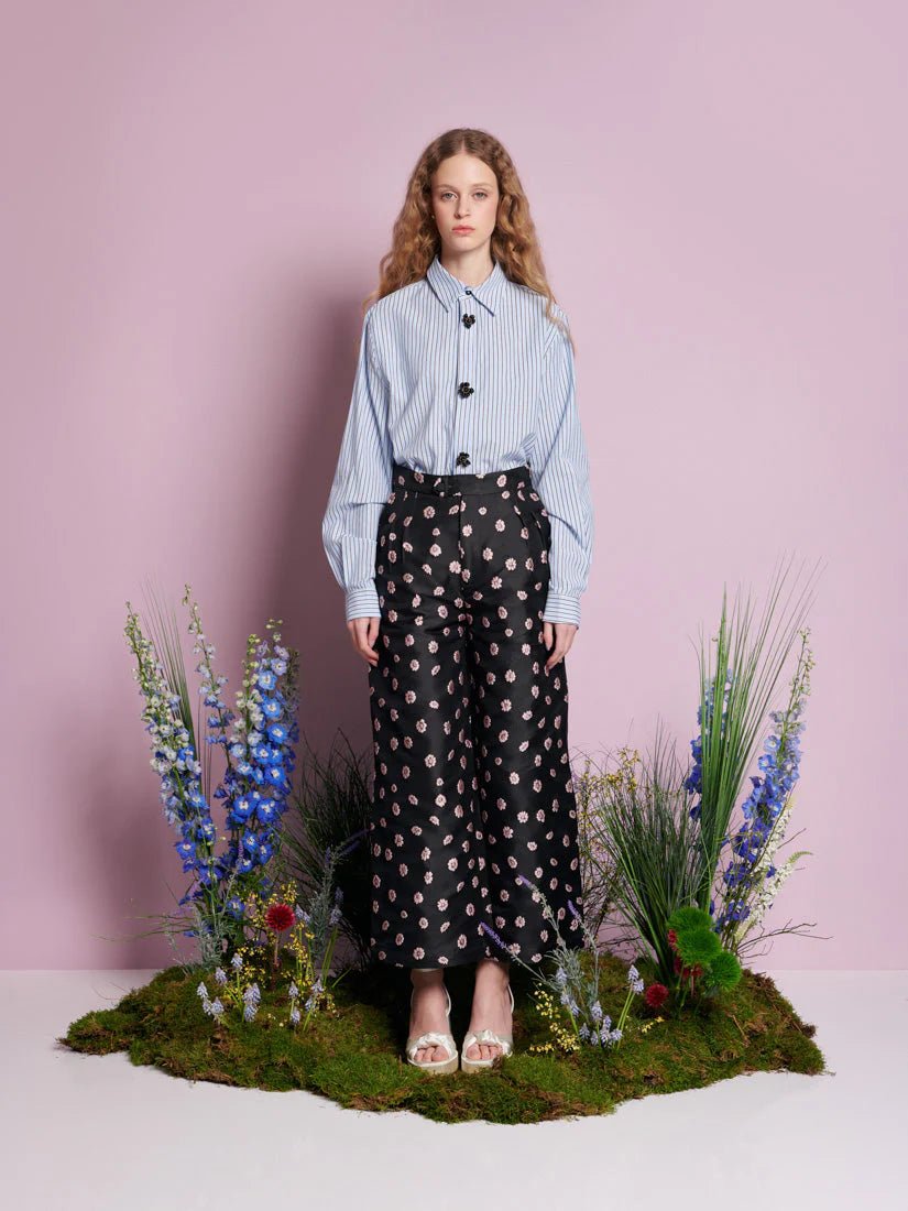 Sister Jane - Dew Flower Trim Shirt - Oxford Blue - Tops - BLM148BLE