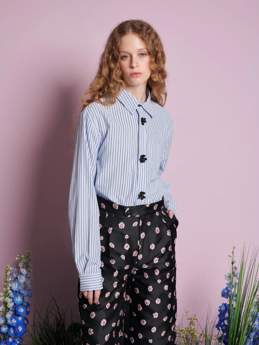 Sister Jane - Dew Flower Trim Shirt - Oxford Blue - Tops - BLM148BLE