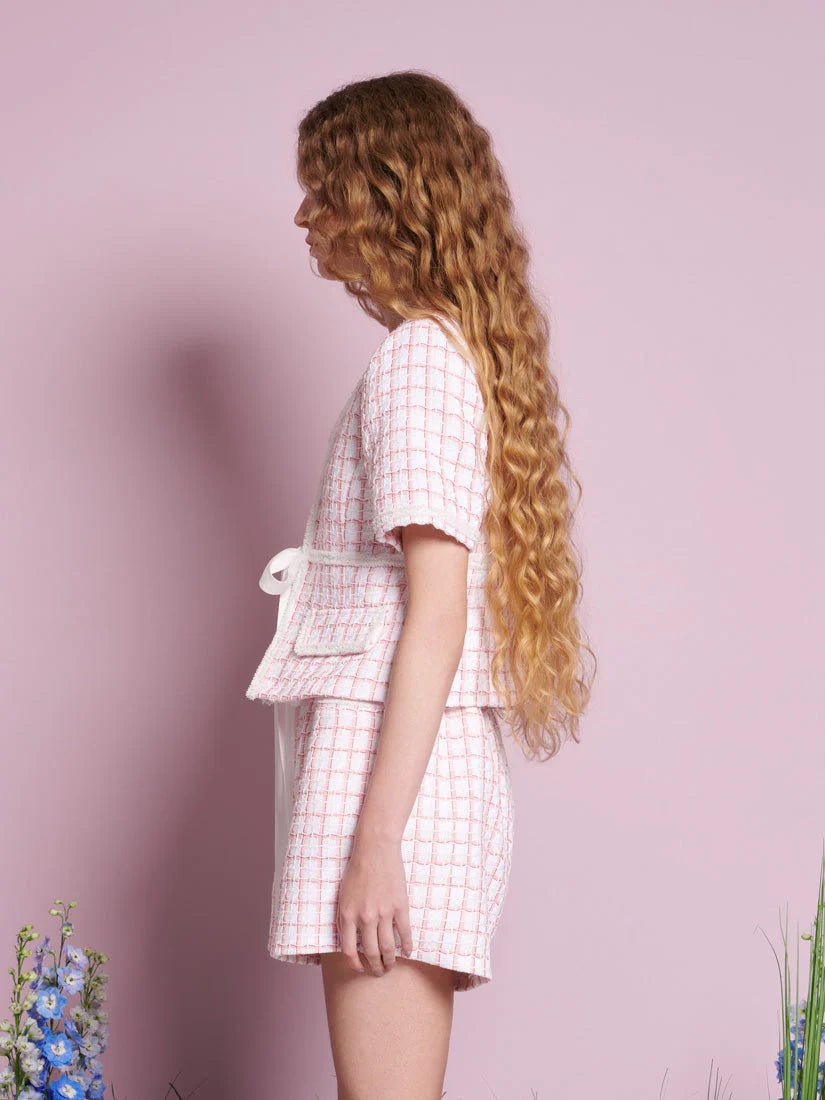 Sister Jane DREAM - Wildflower Tweed Tie Top - White Check - Tops - TO591WHT