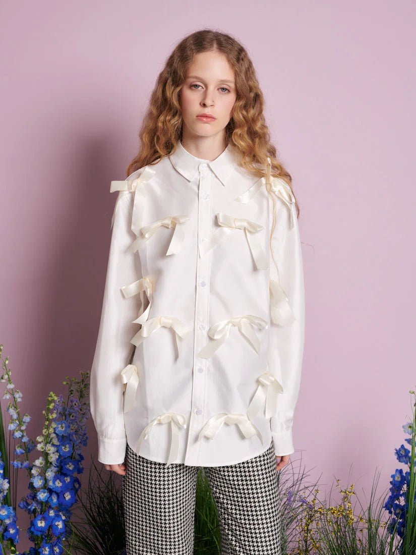 Sister Jane - Snowdrop Satin Bow Shirt - Pearled White - Tops - BLM150WHT