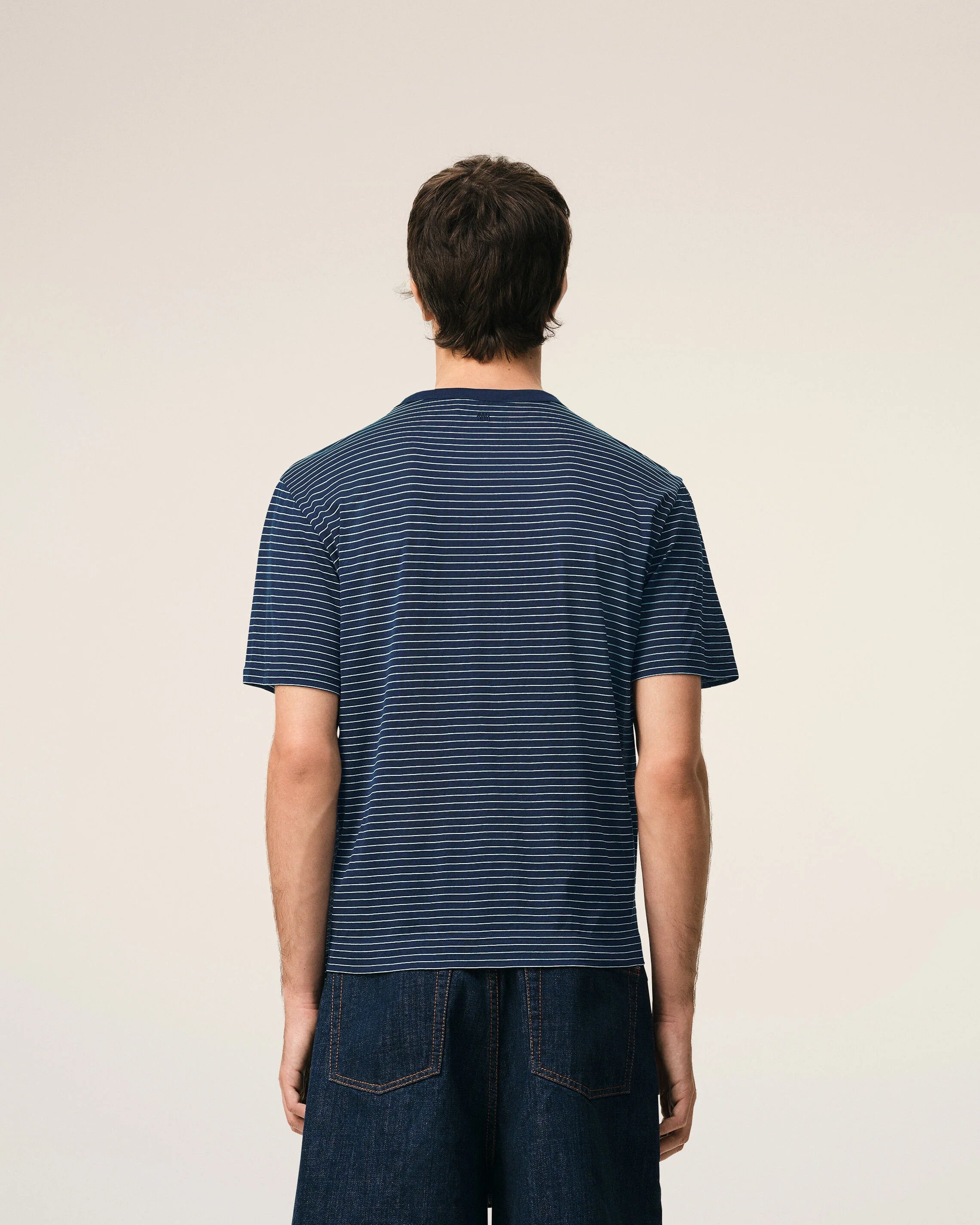 Ami Paris - T-shirt rayé en coton perlé - Bleu encre/blanc