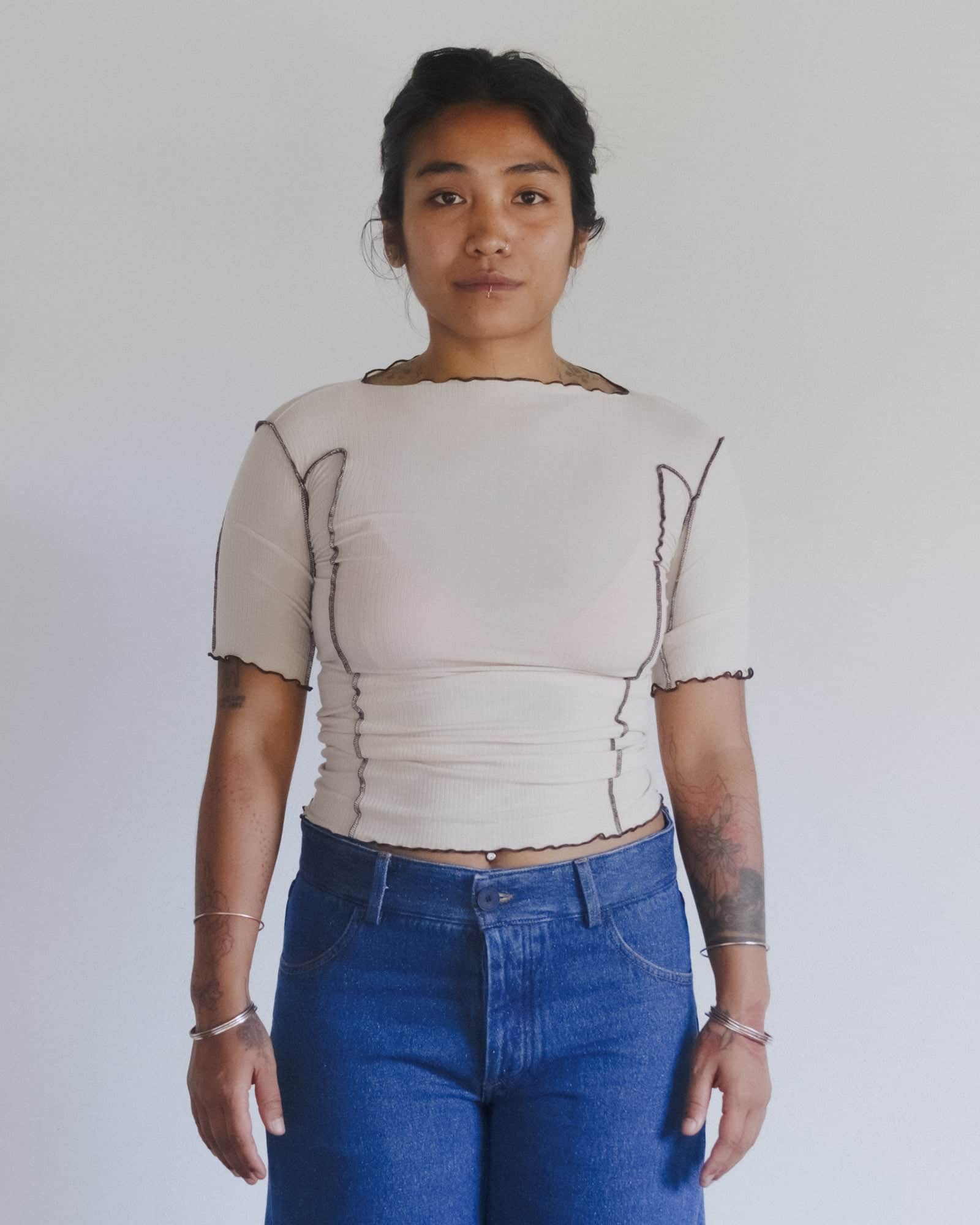 Baserange - T-shirt Omato 3/4 beige - Coton biologique fin côtelé